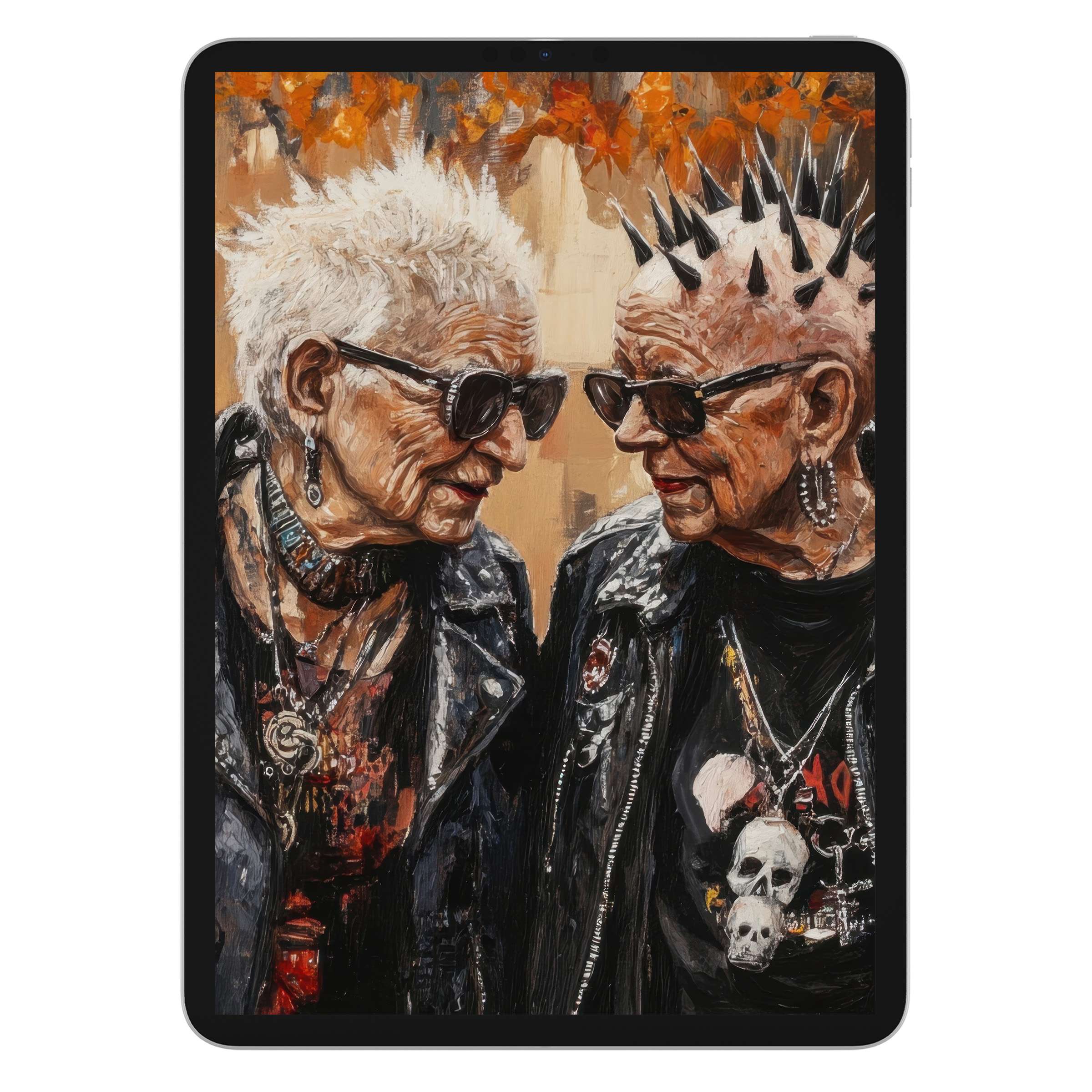 Street art iPad wallpaper capturing vibrant seniors in punk style, offering an eye-catching digital download for tablet background seekers