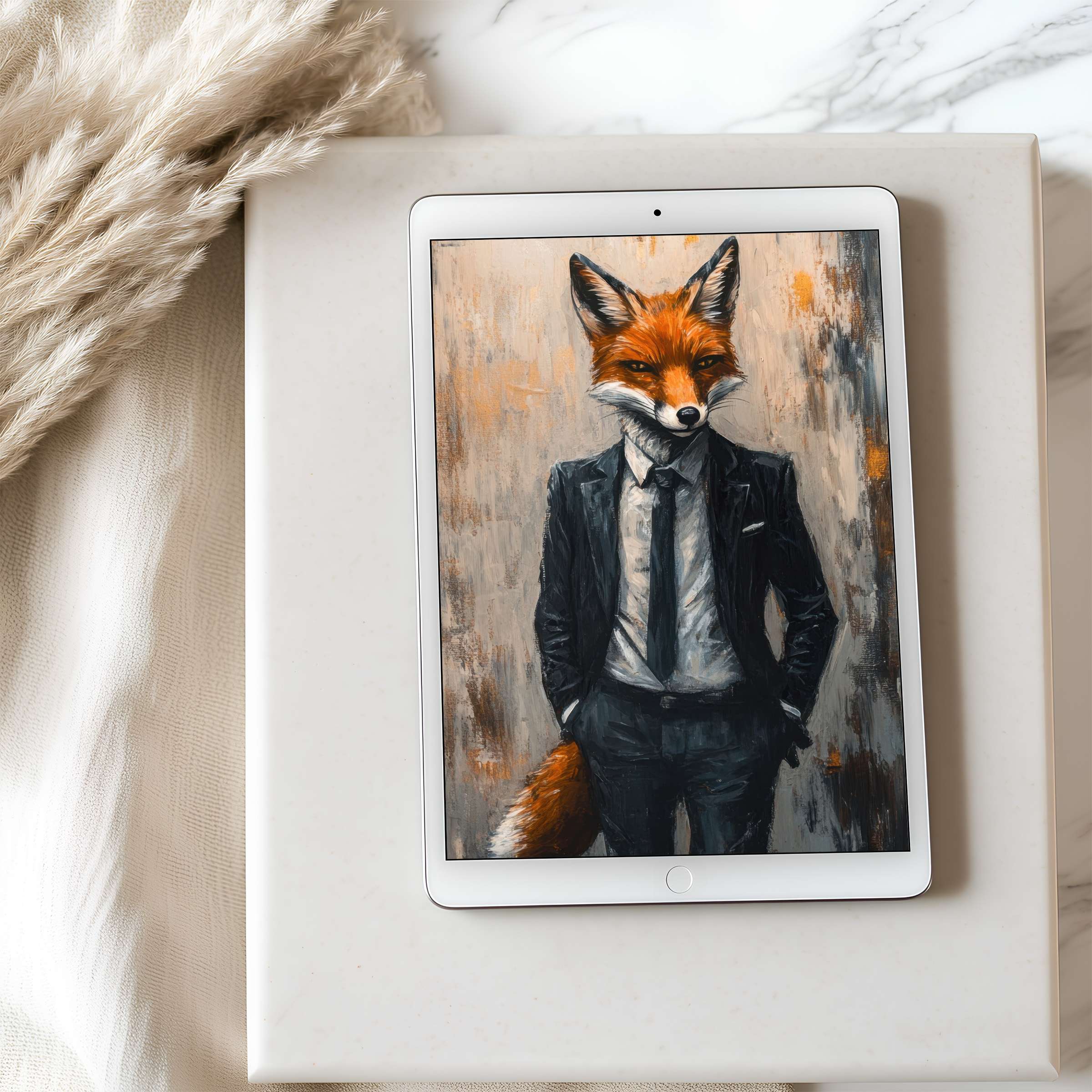 Elegant fox in a suit digital art offers a serene, curated tablet wallpaper ideal for high-resolution iPad and Android screens