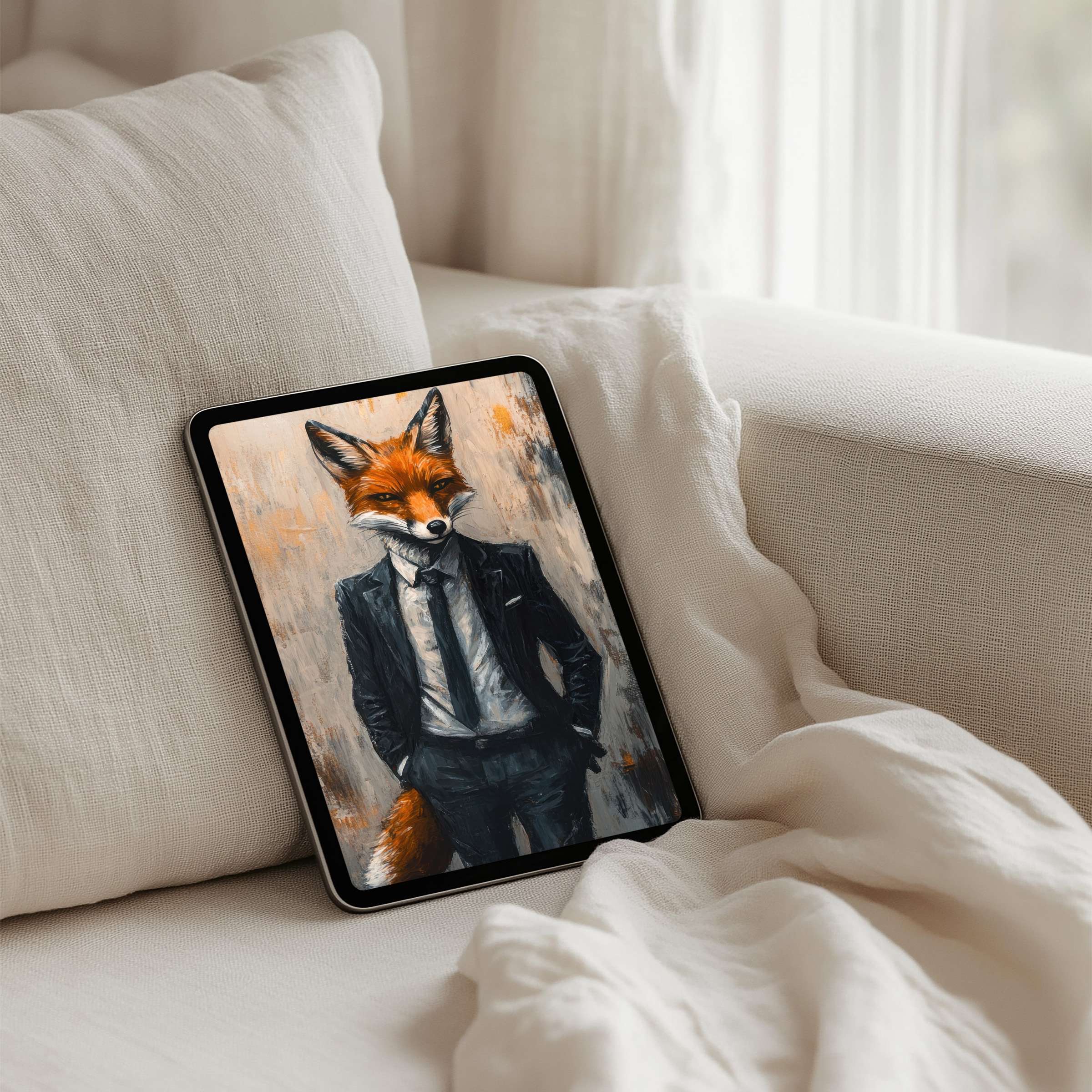 Elegant fox in a suit iPad background set on soft textiles offers calm inspiration for your tablet instant download available