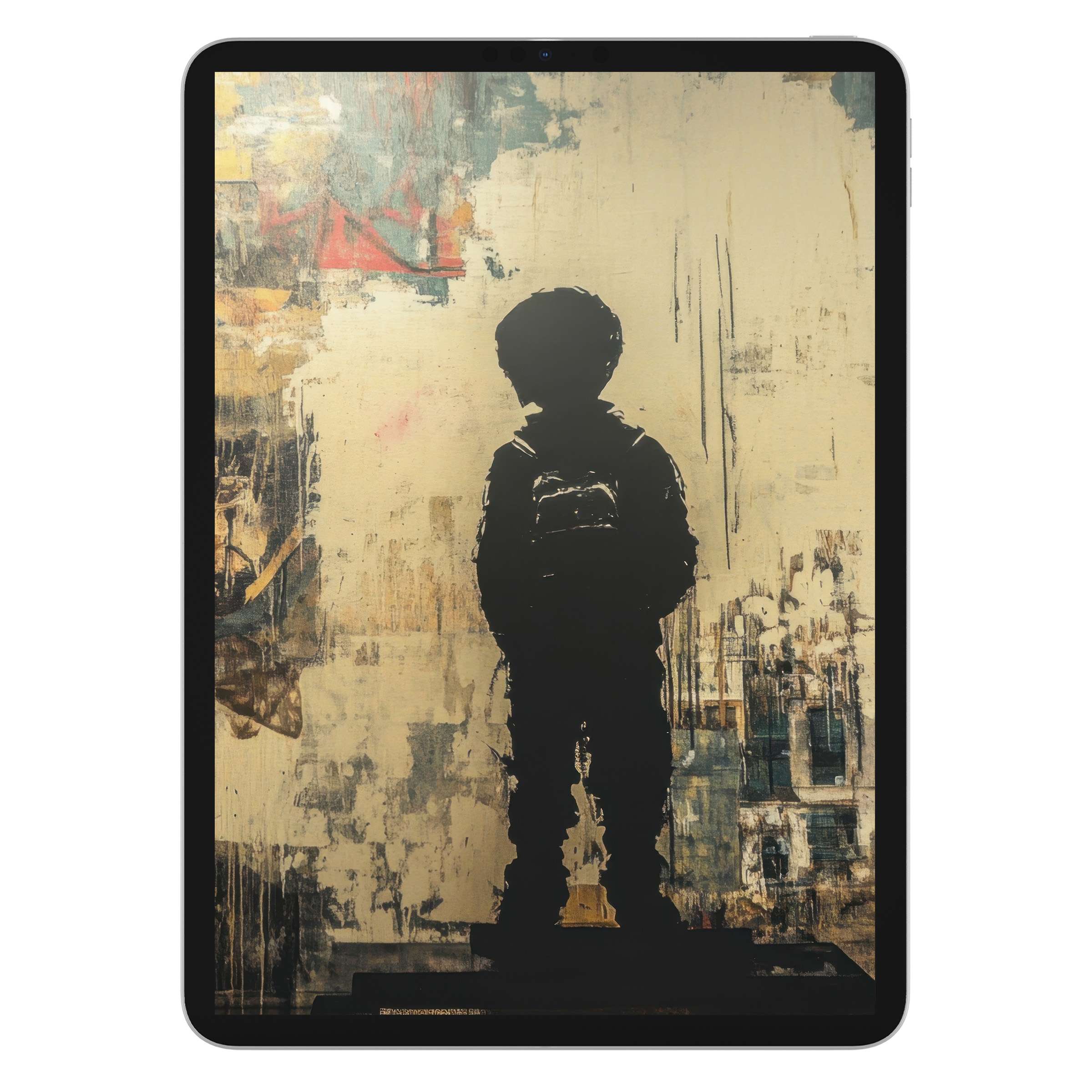 Shadowy silhouette of a child against a textured urban canvas inspires serenity in this street art iPad wallpaper digital download for a tablet background