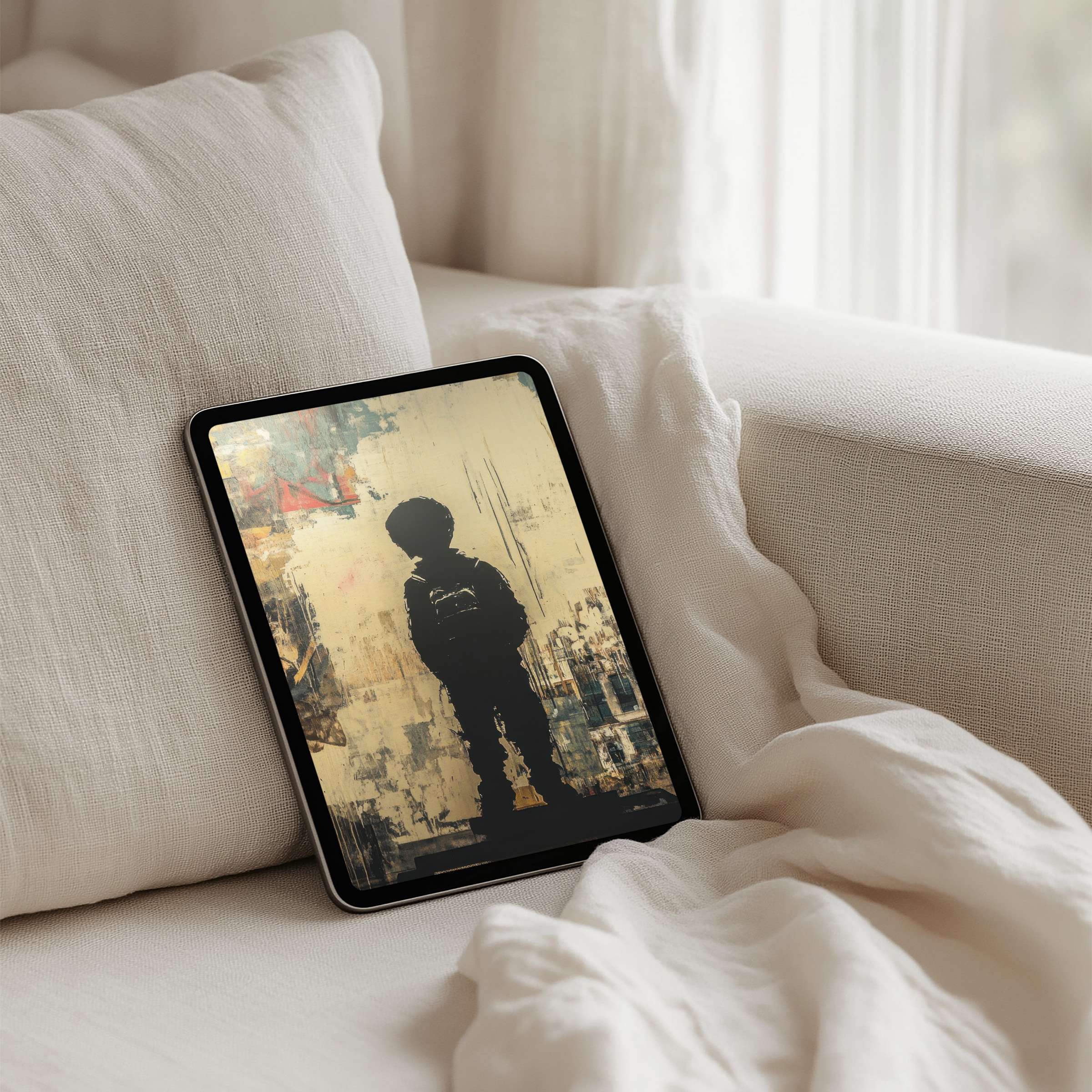 Elegant abstract iPad background showcasing a silhouetted child amid muted textures for instant download to any tablet device