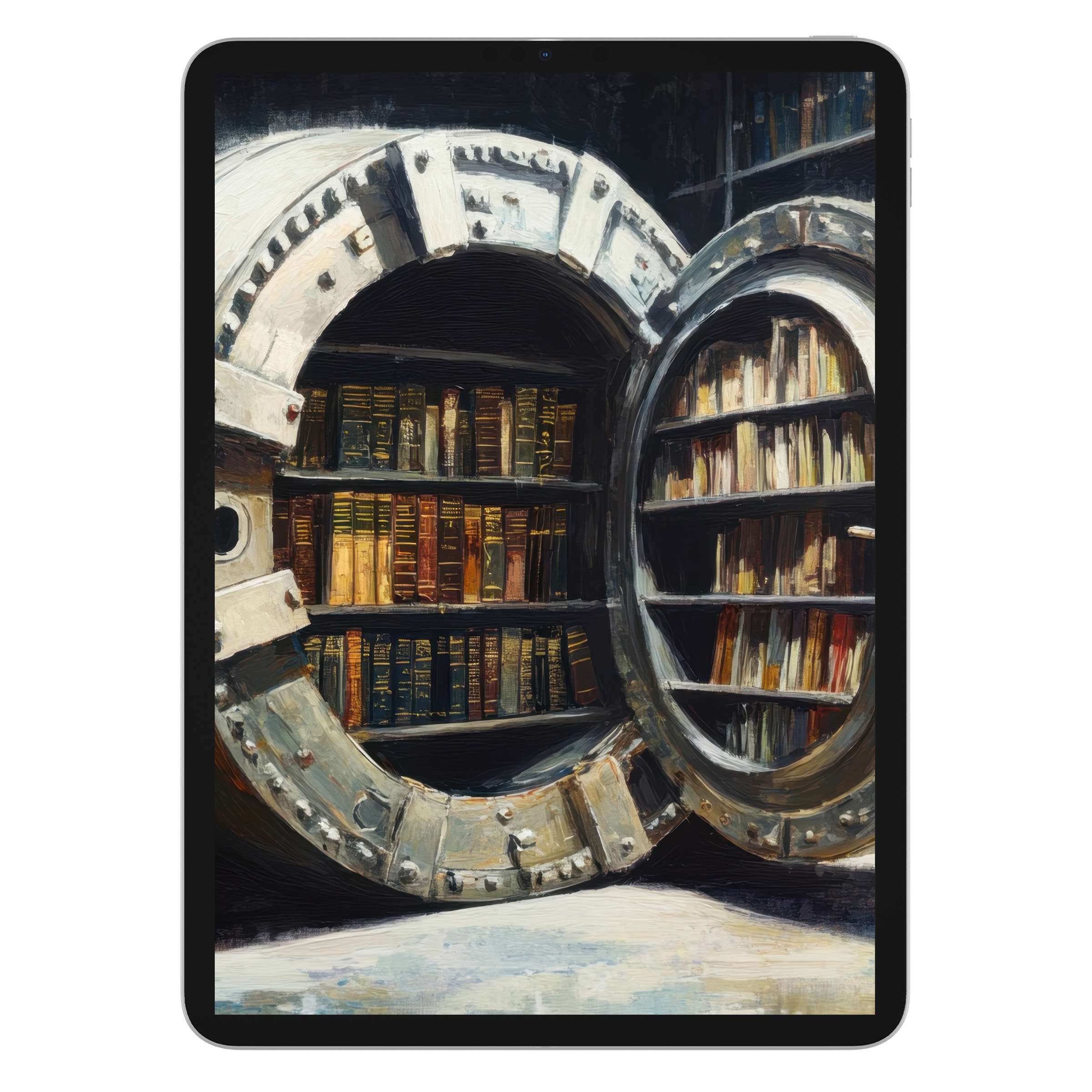 Street art iPad wallpaper features a vintage library vault, painted textures create calm, elegant tablet background digital download