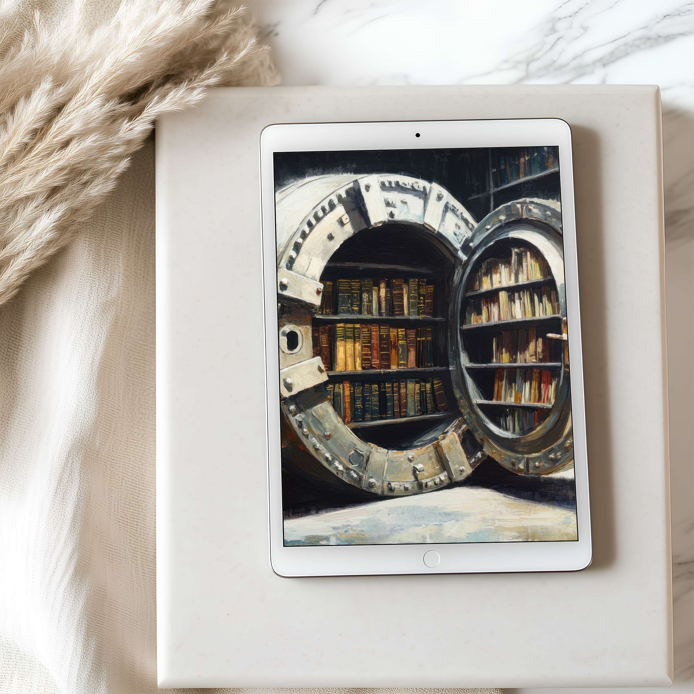 Vault-inspired digital art tablet wallpaper displays a cozy, elegant book collection, ideal for high resolution iPad and Android downloads