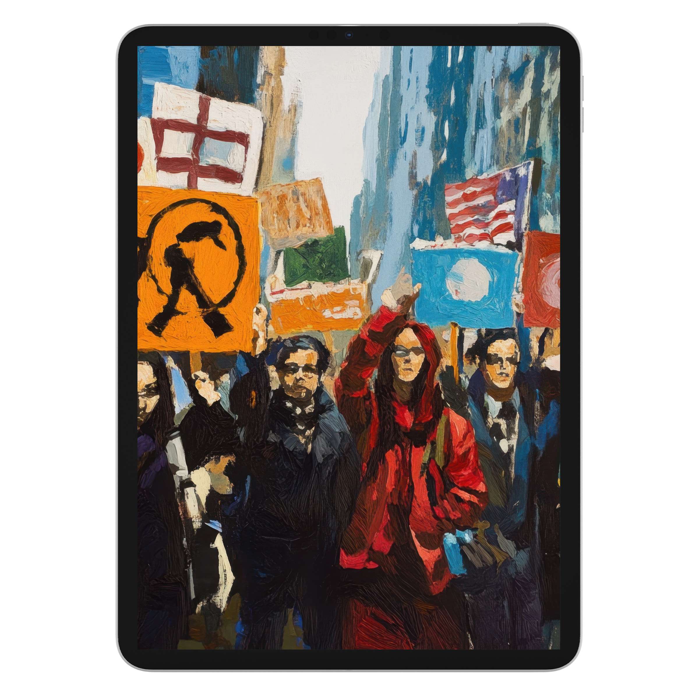 Vibrant street art iPad wallpaper featuring a diverse protest painted style, perfect for calming tablet background and digital download