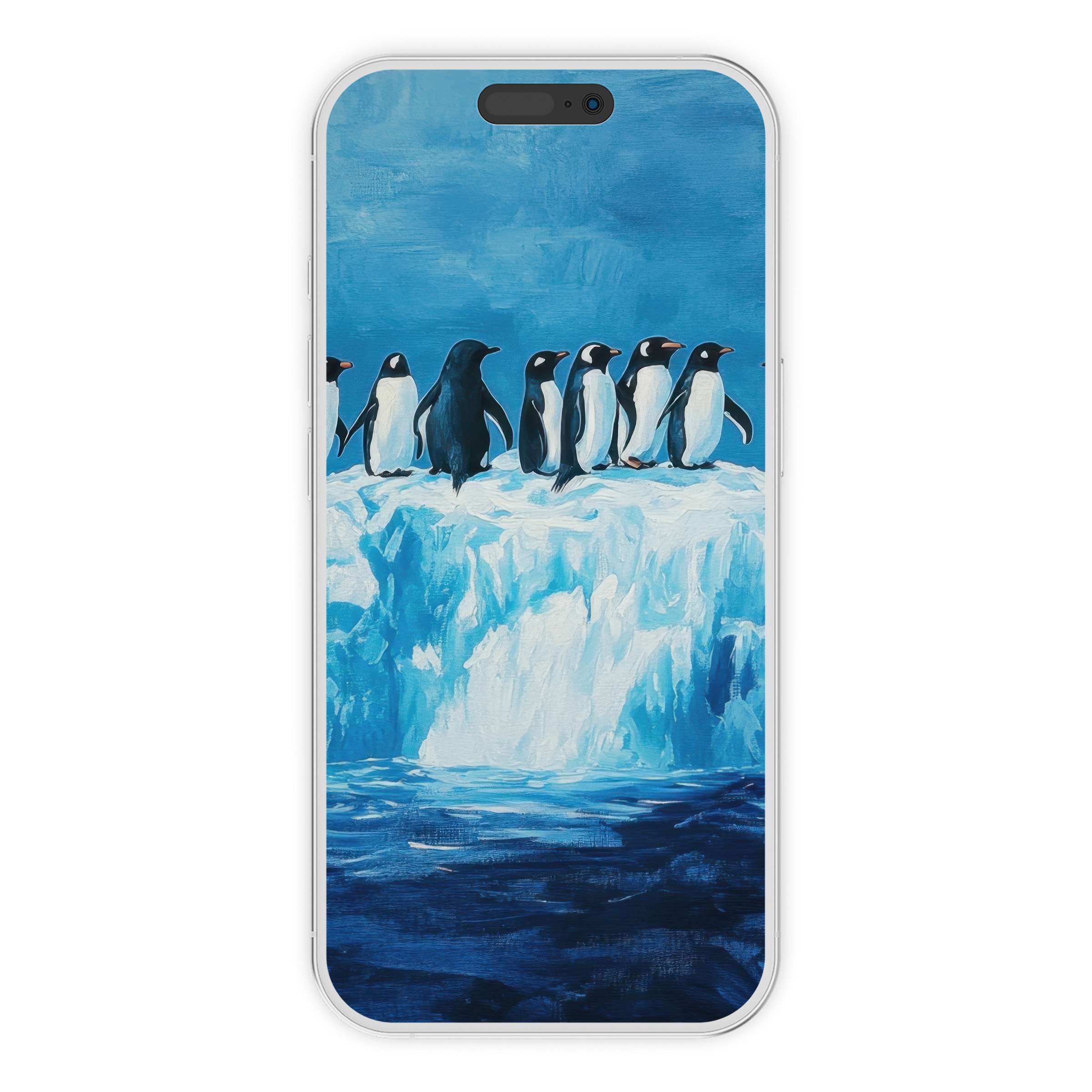 Street art iPhone wallpaper with penguins on icy blue terrain digital download adds elegance to any phone background