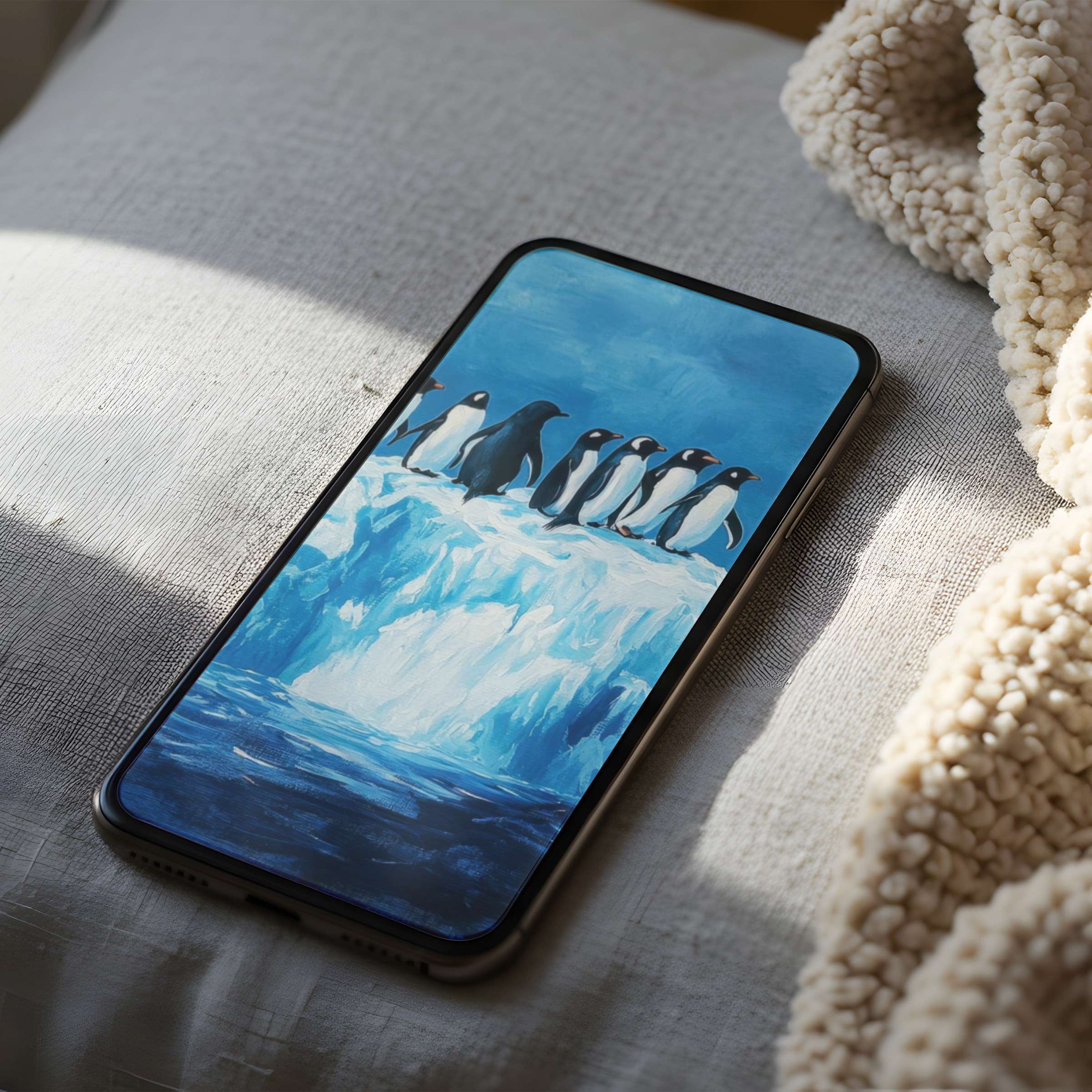 Elegant penguin-themed phone wallpaper offering a serene, high-resolution digital download for iPhone and Android users seeking calm sophistication