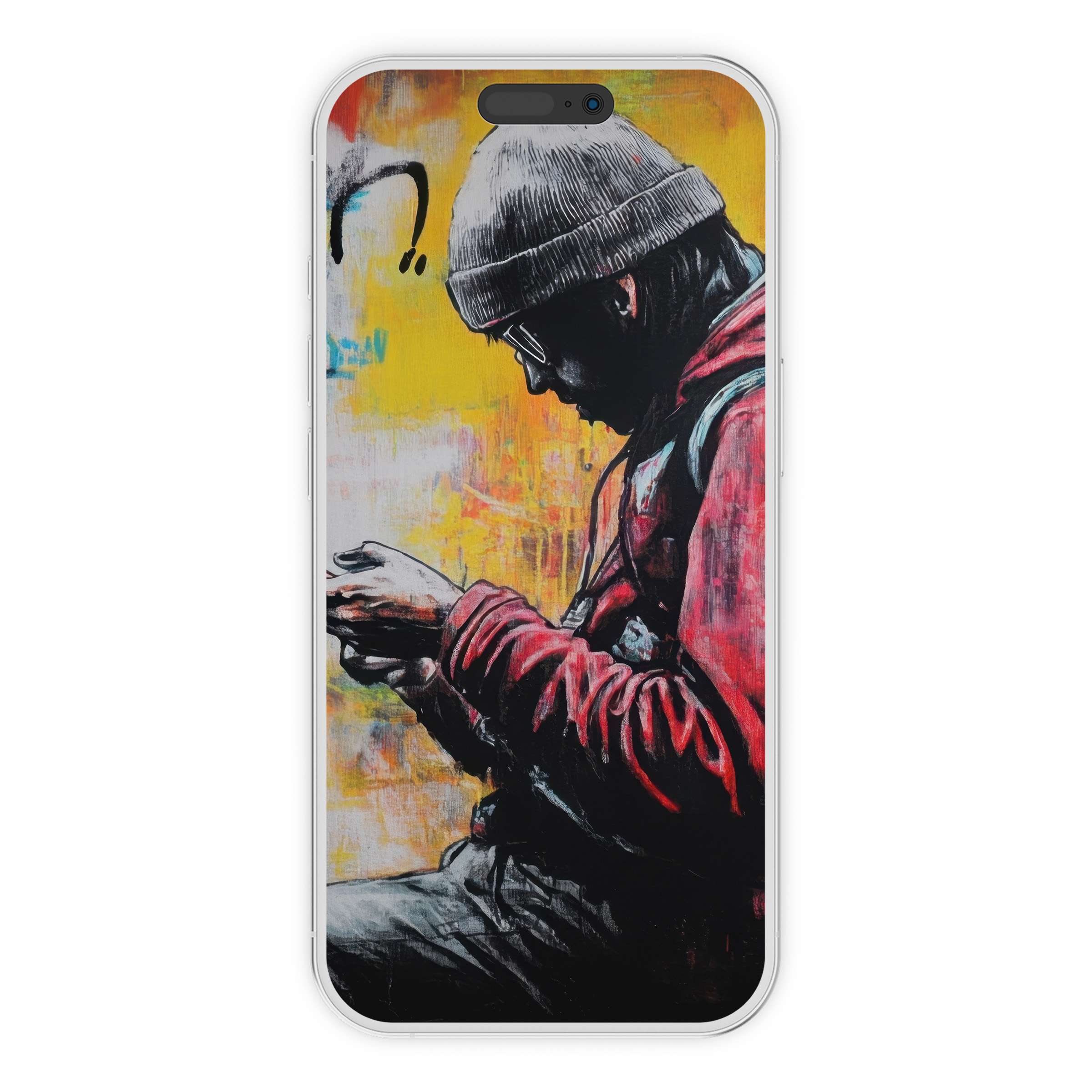 Vibrant street art iPhone wallpaper featuring a thoughtful person in red against a yellow splash background digital download for phone