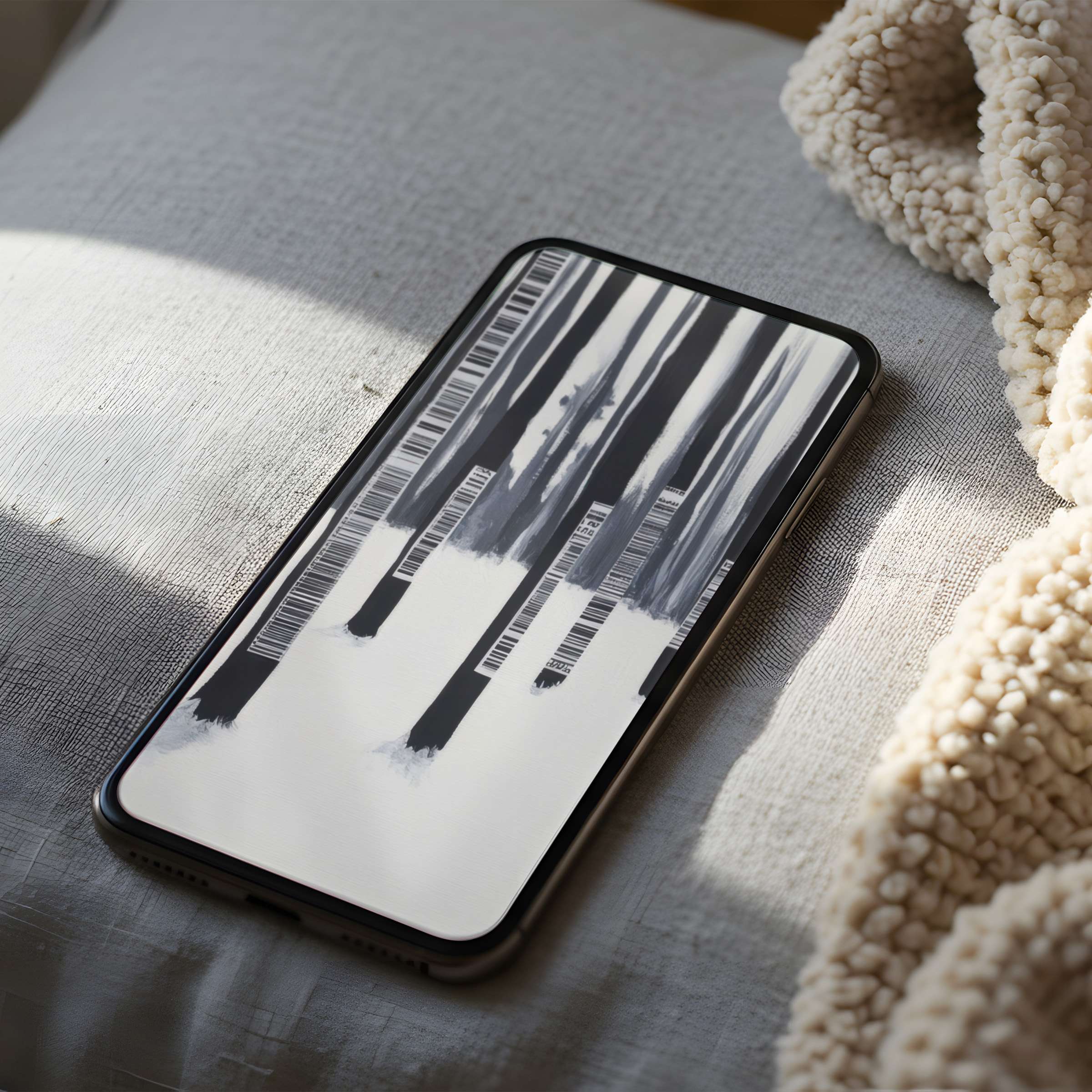 Monochrome barcode forest phone wallpaper on cozy fabric backdrop, perfect for iPhone and Android digital download enthusiasts