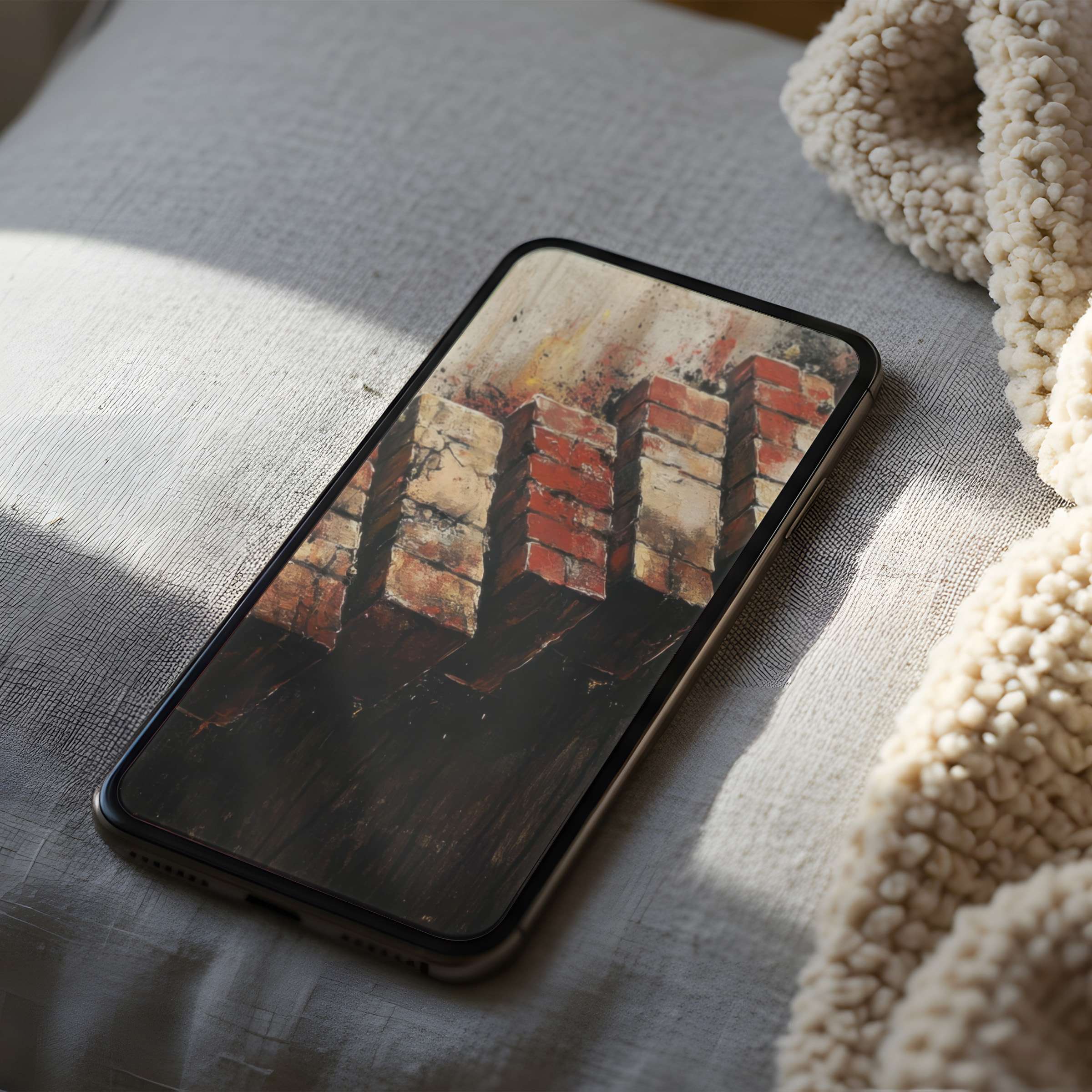 Curated phone wallpaper featuring rustic brick motif in earthy tones set on cozy fabric evokes warmth and calm suitable for iPhone download