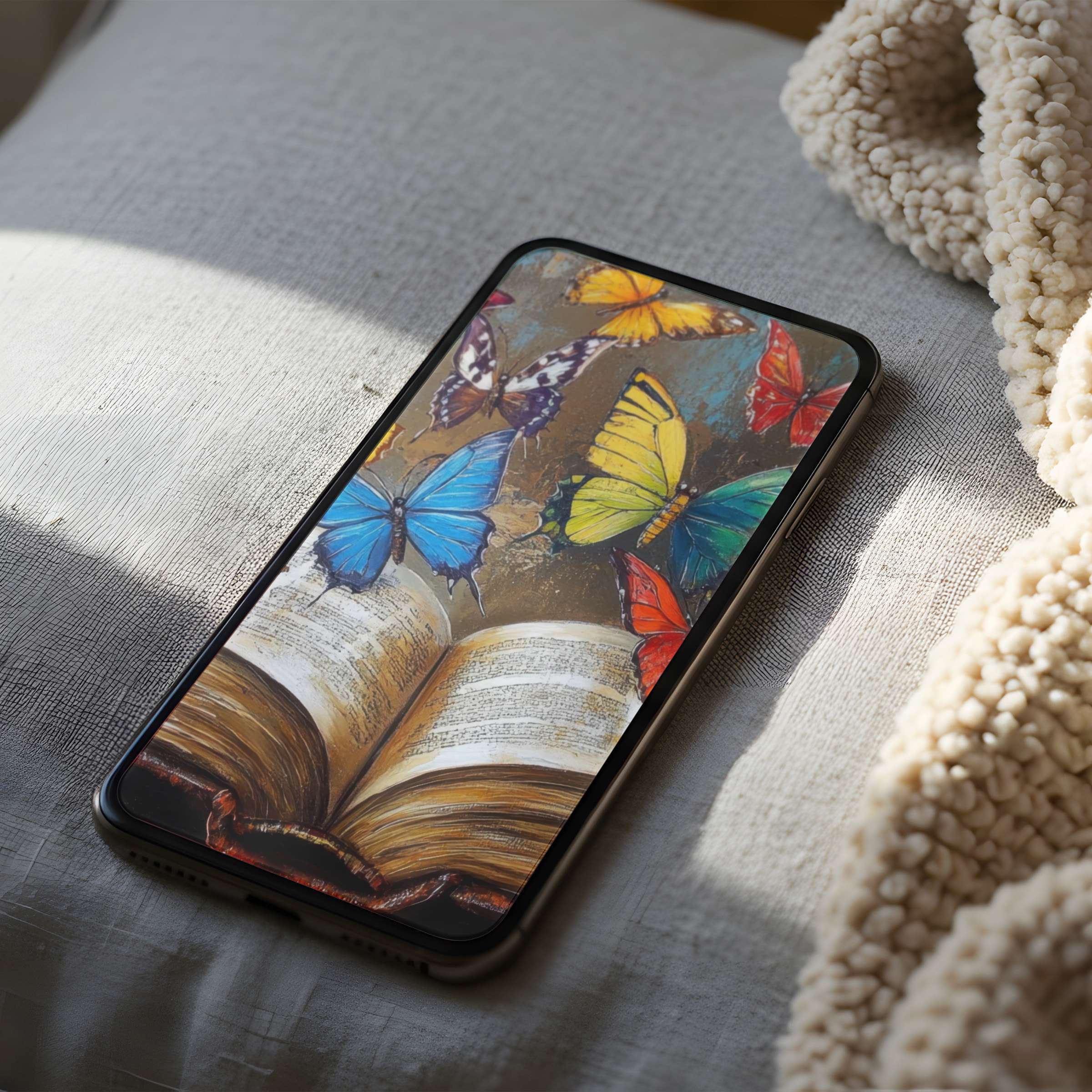 Elegant phone wallpaper featuring colorful butterflies emerging from an open book, perfect for iPhone and Android download to inspire tranquility