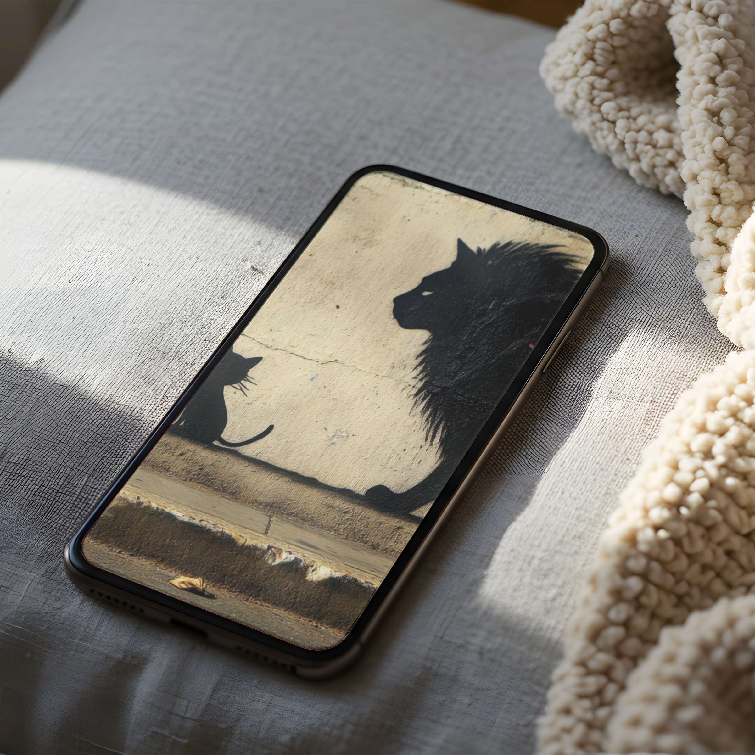 Elegant phone wallpaper featuring minimalist cat and lion silhouette motif offers tranquility in high resolution for digital download