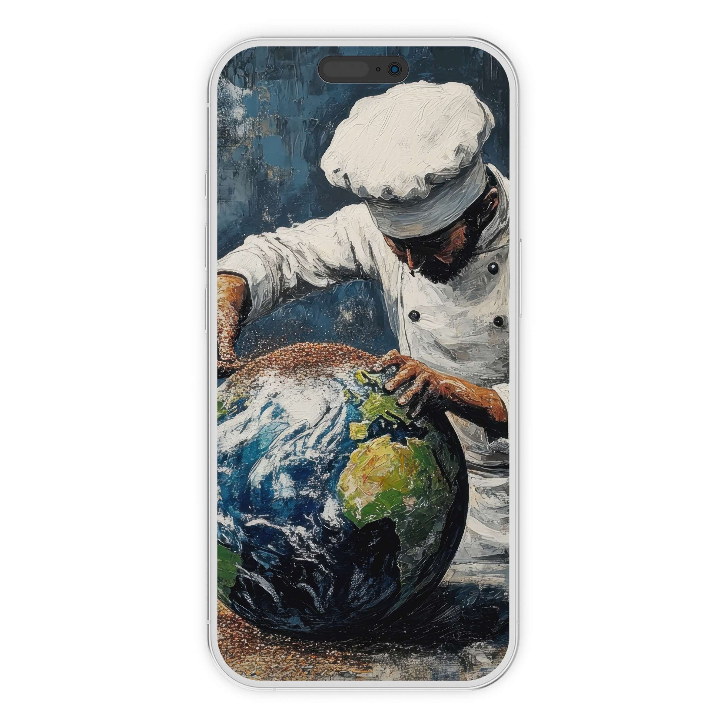 Street art iPhone wallpaper featuring a chef sculpting Earth, offering an inspiring, artistic phone background digital download for all devices