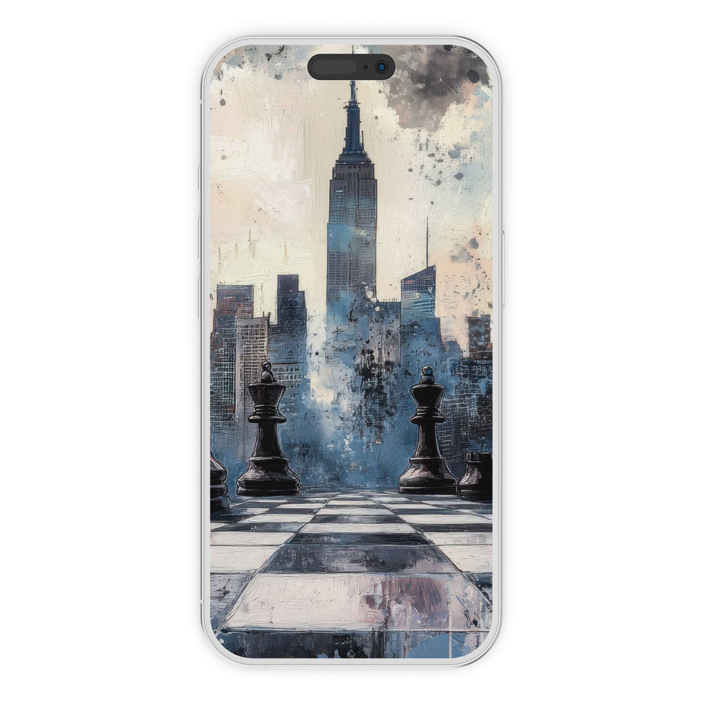 Elegant street art iPhone wallpaper featuring a chessboard cityscape, perfect digital download for phone background aesthetics
