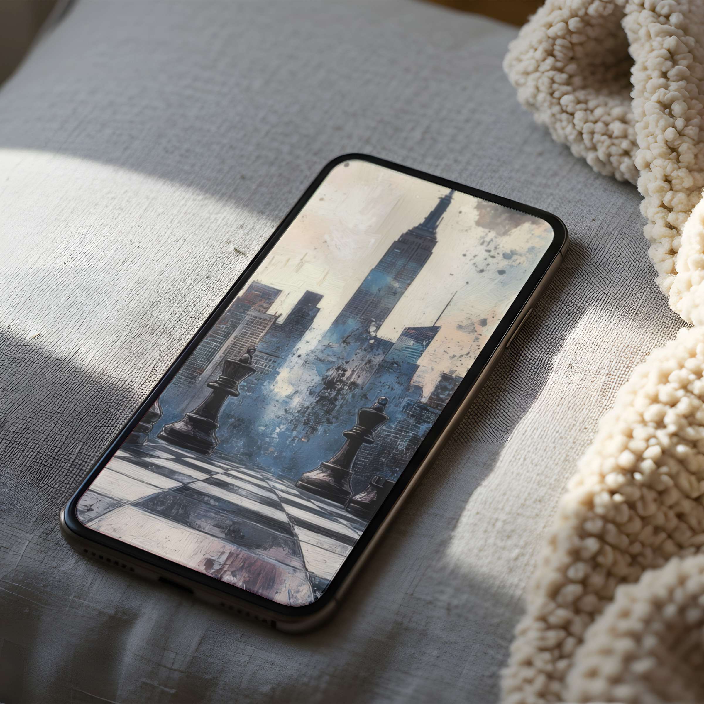 Elegant phone wallpaper featuring a high-resolution urban skyline with chess pieces, perfect for iPhone and android digital download