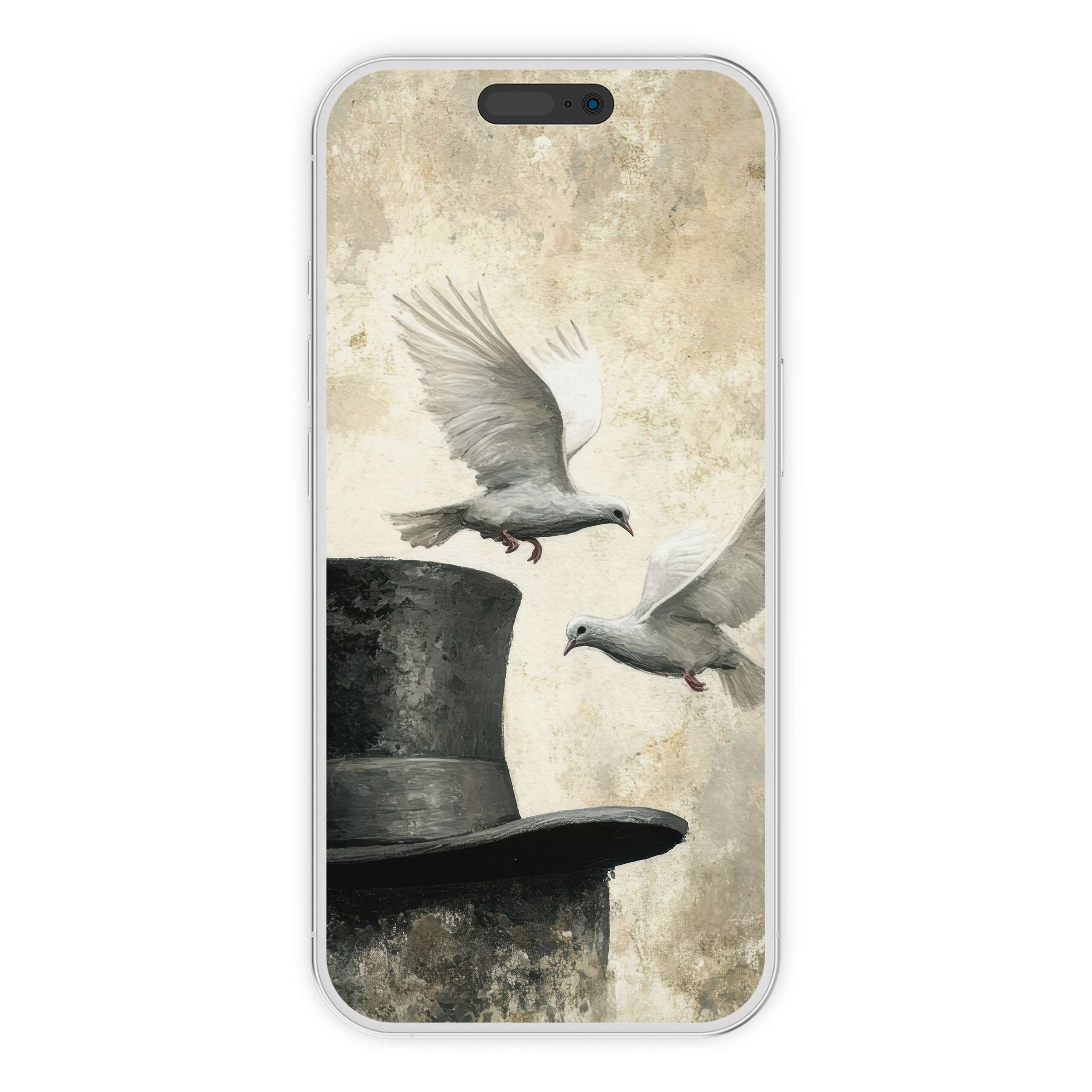 Elegant street art iPhone wallpaper features doves above a top hat on a textured background for a digital download phone aesthetic