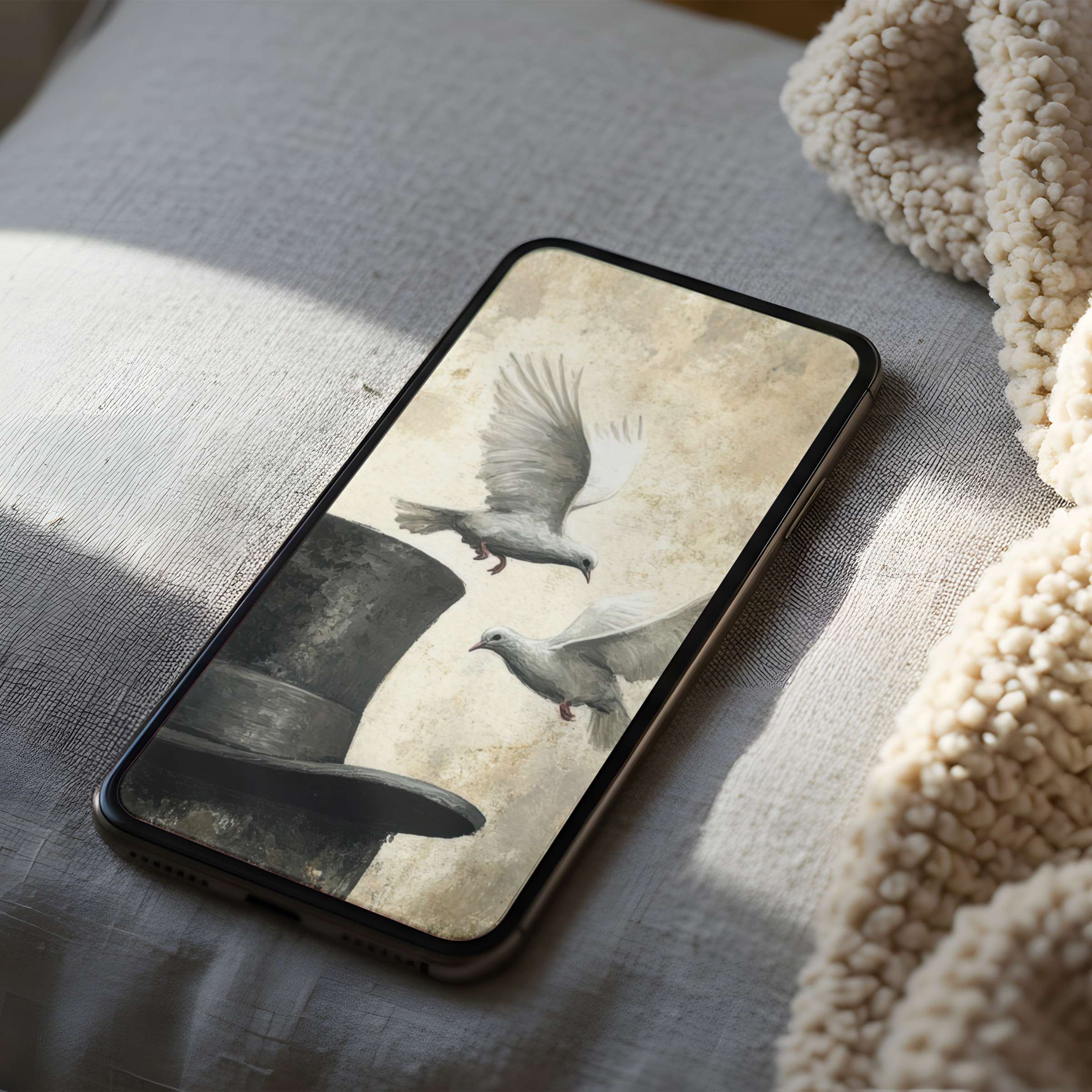 Serene phone wallpaper featuring elegant doves and a top hat in soft hues, perfect for high resolution iPhone and Android screens