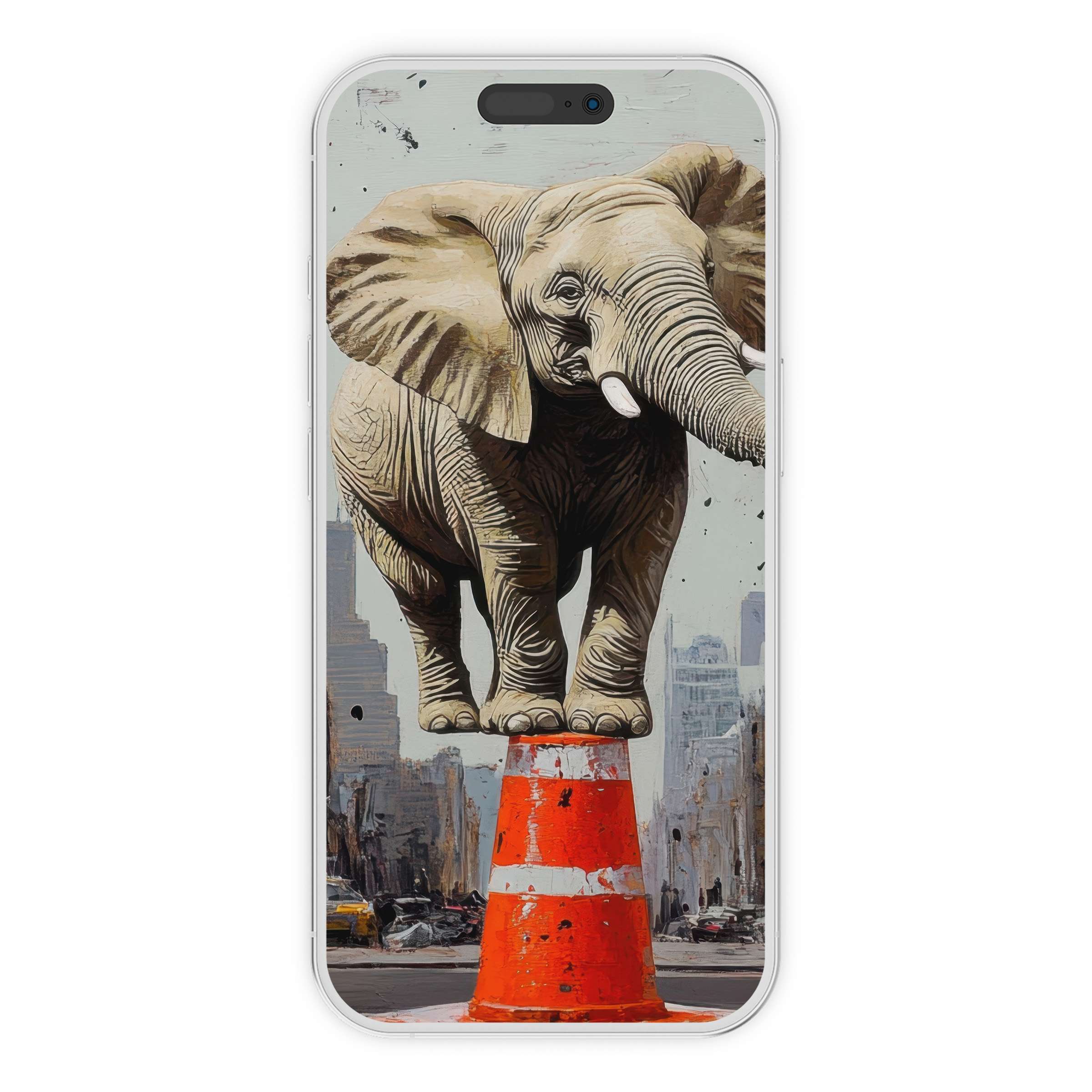 Street art iPhone wallpaper featuring a surreal elephant and traffic cone design, perfect digital download for an artistic phone background