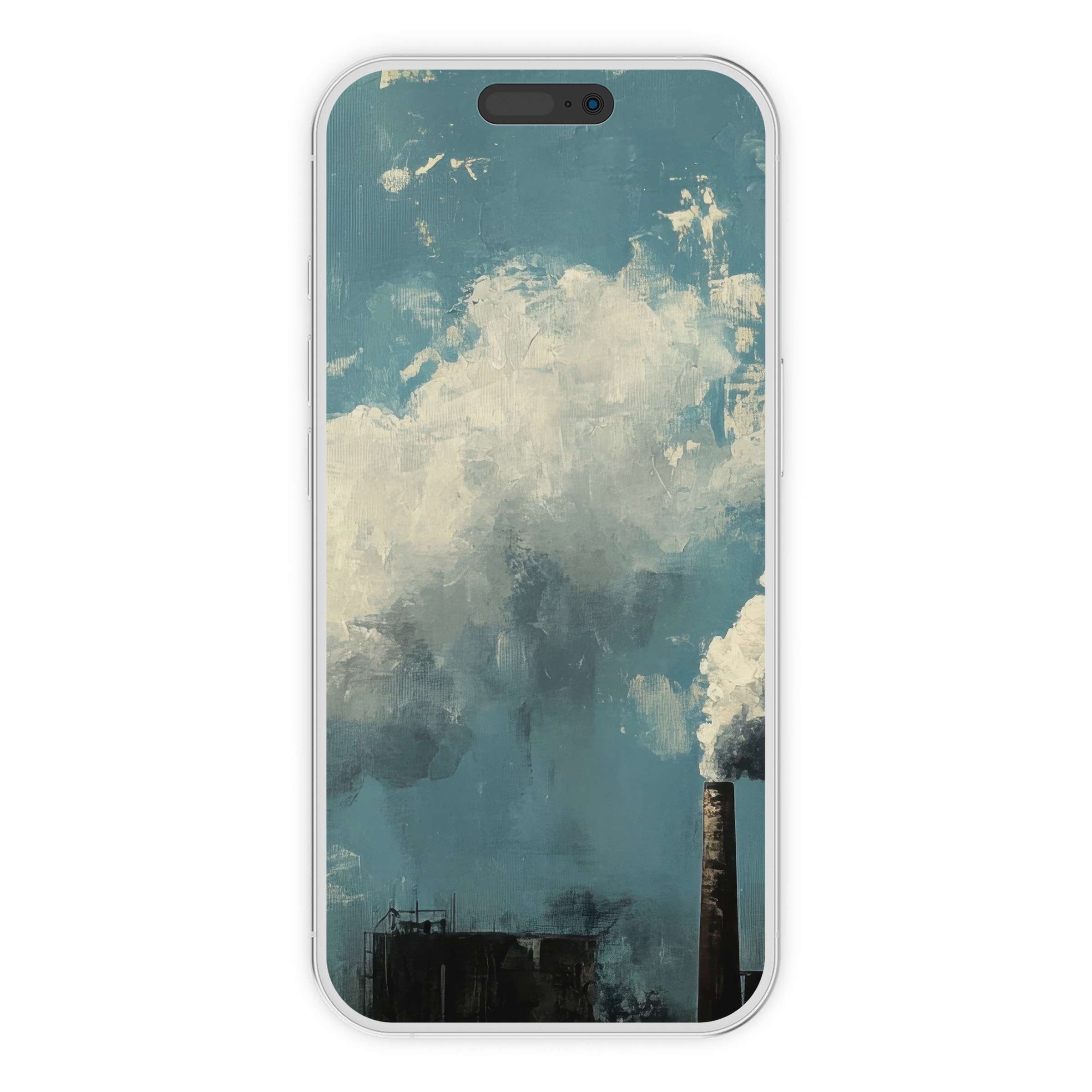 Street art iPhone wallpaper with abstract clouds over buildings in calming blues, perfect digital download phone background for elegance