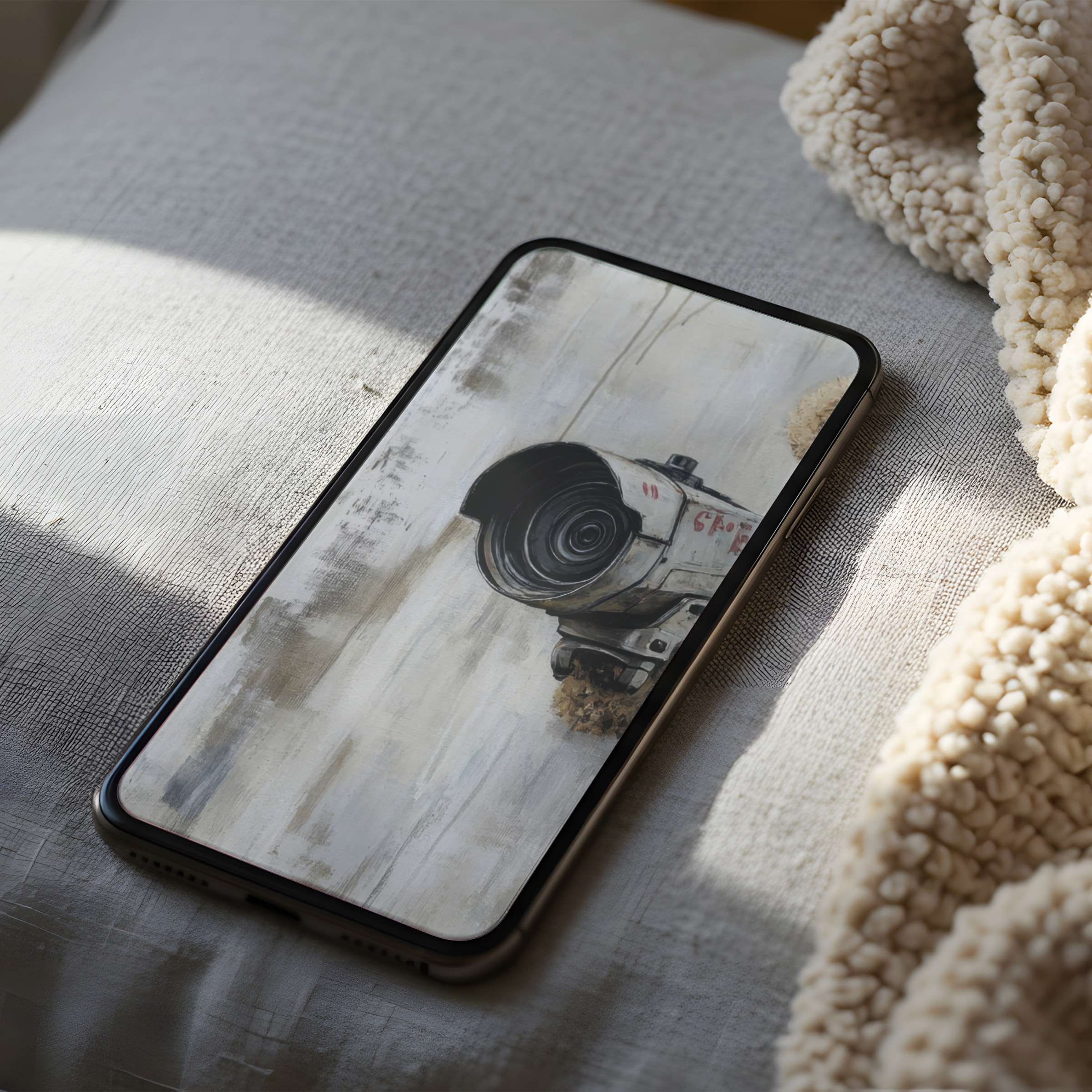 Calming phone wallpaper with elegant, minimalist camera art in neutral tones enhances your iPhone or Android screen with a curated style