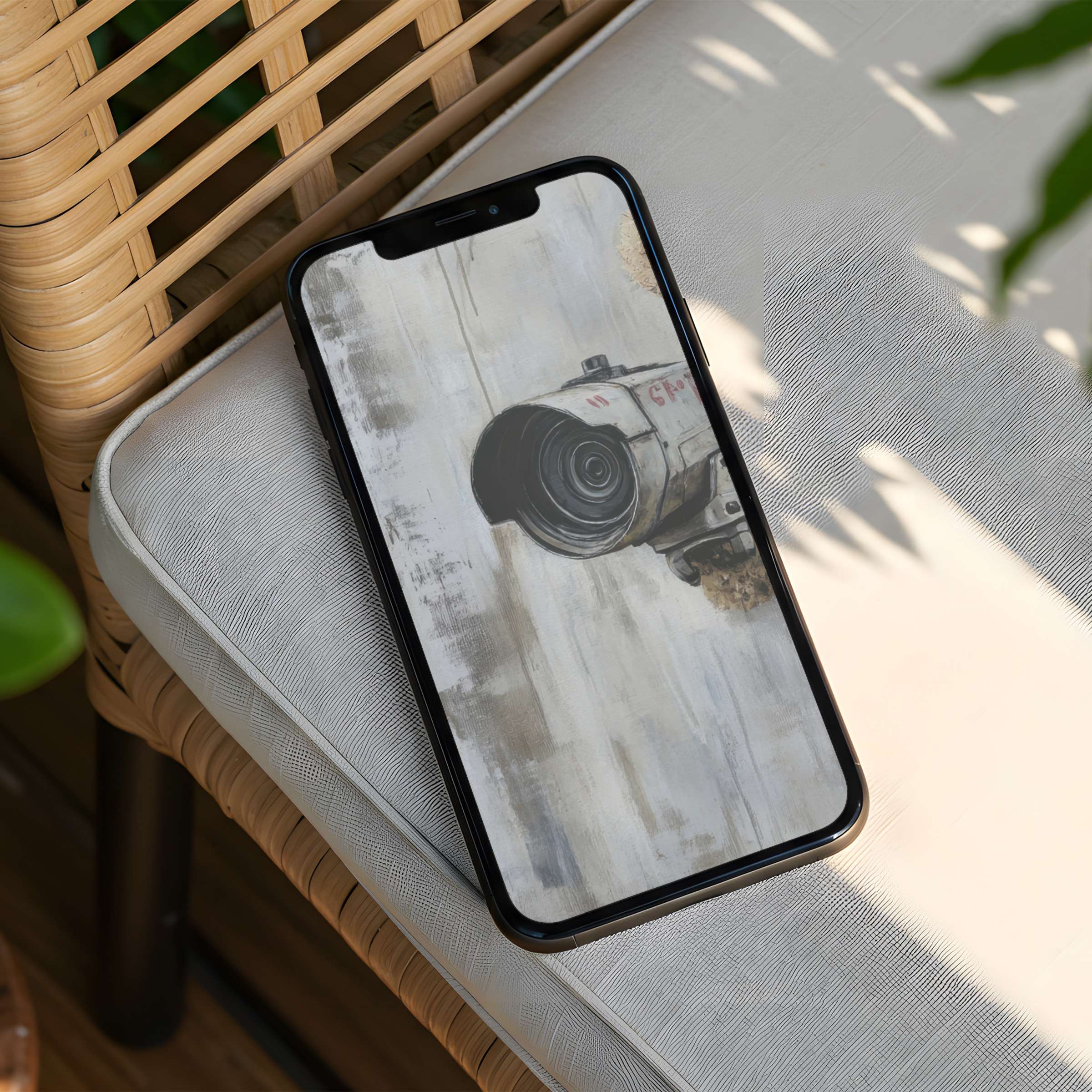 Elegant iPhone background featuring a minimalist art of a camera lens with serene tones for instant download to your phone