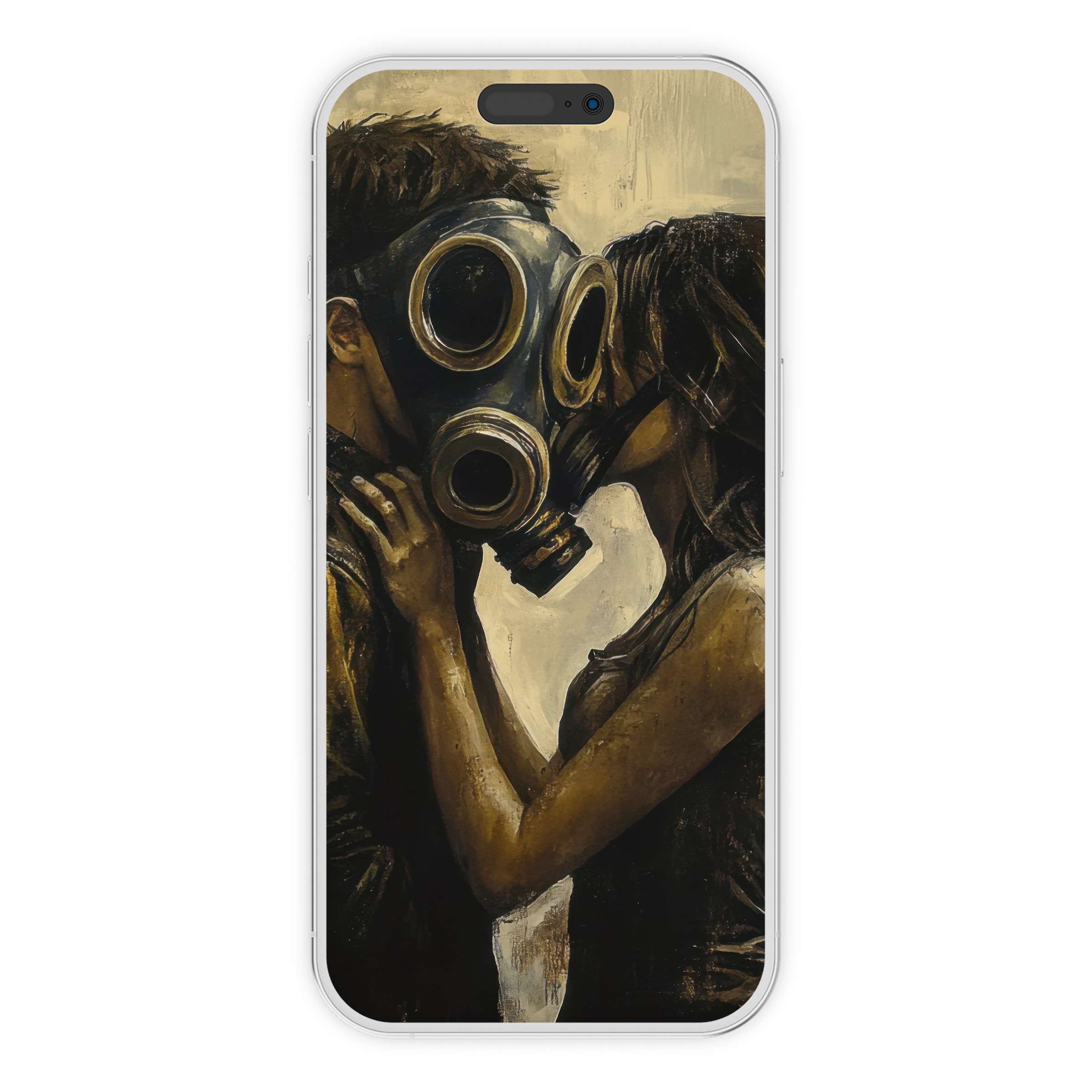 Street art iPhone wallpaper with sepia tones capturing a tender embrace in masks digital download for phone background calm vibe