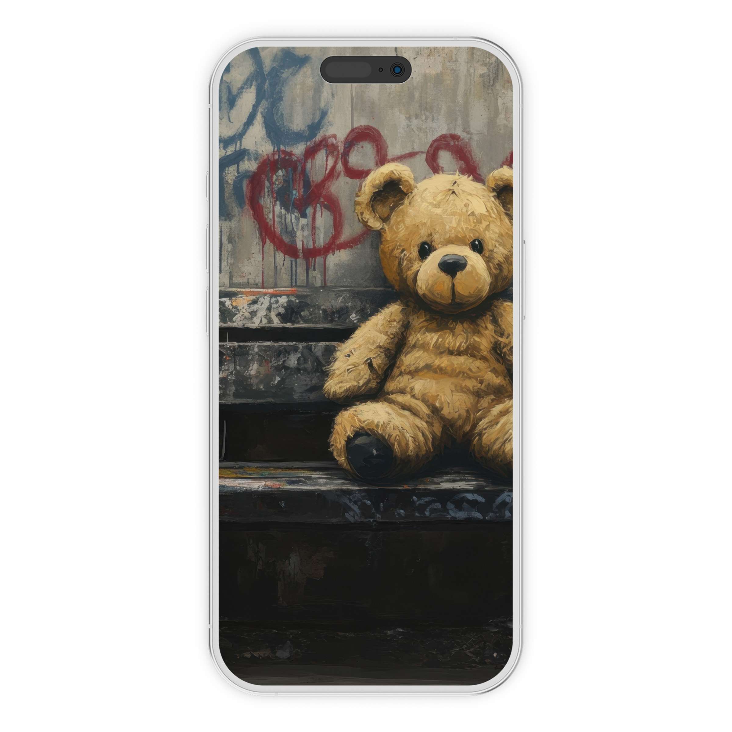 Street art iPhone wallpaper featuring a serene teddy bear motif against graffiti, perfect digital download for phone backgrounds