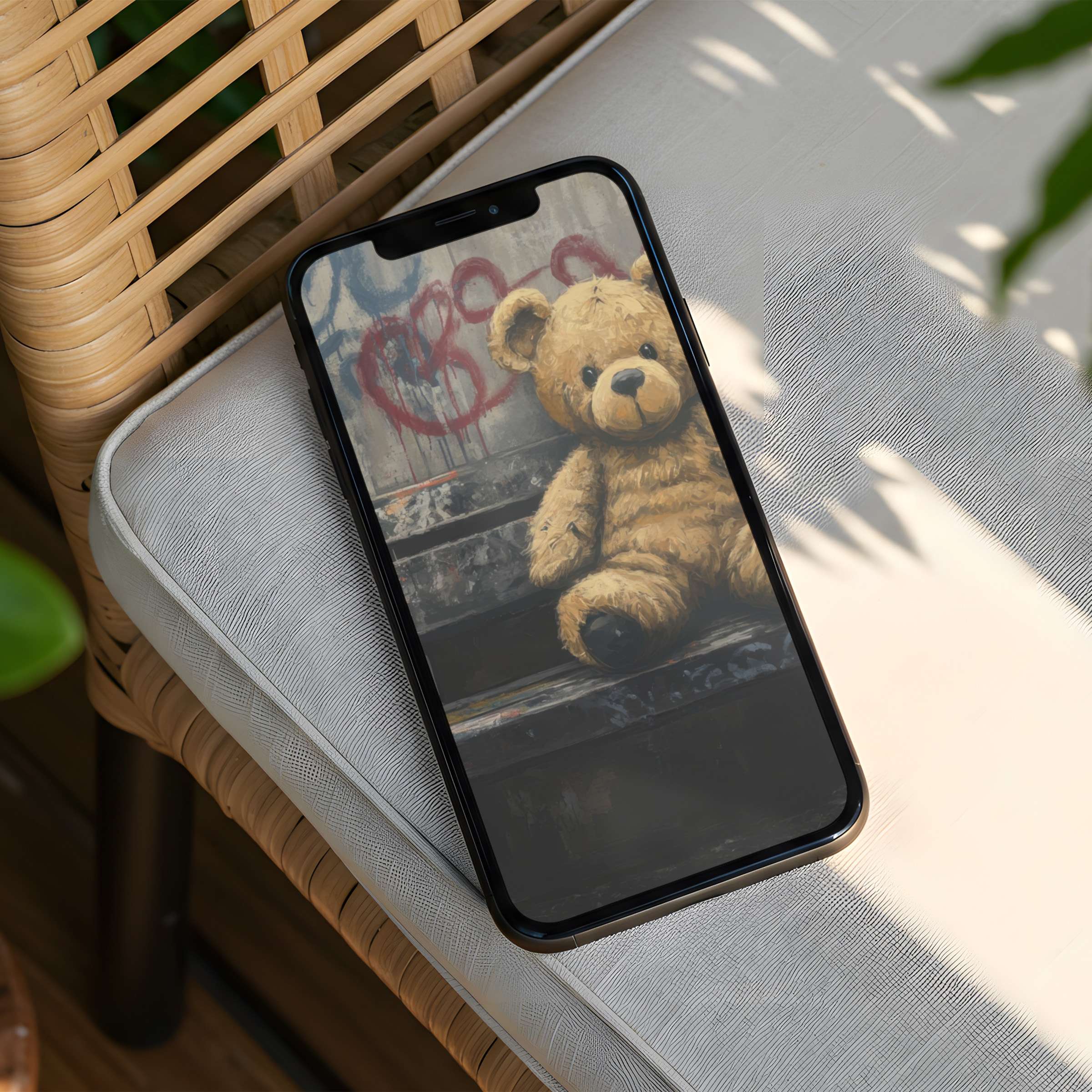 Cozy teddy bear graffiti focuses calm inspiration in an iPhone background for instant download to elevate phone elegance instantly