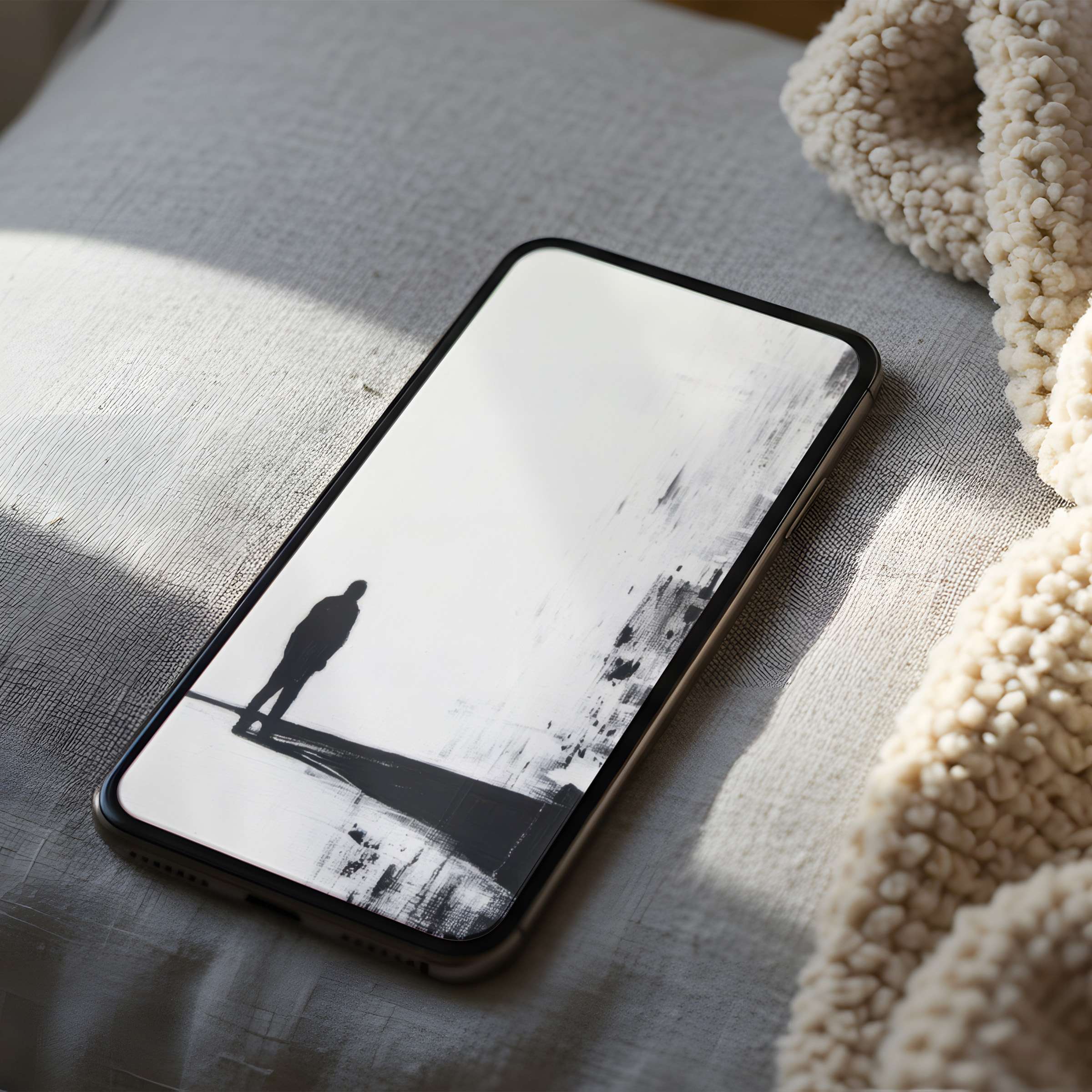 Elegant black-and-white abstract phone wallpaper featuring a lone silhouette for a curated, calming aesthetic suitable for iPhone and Android