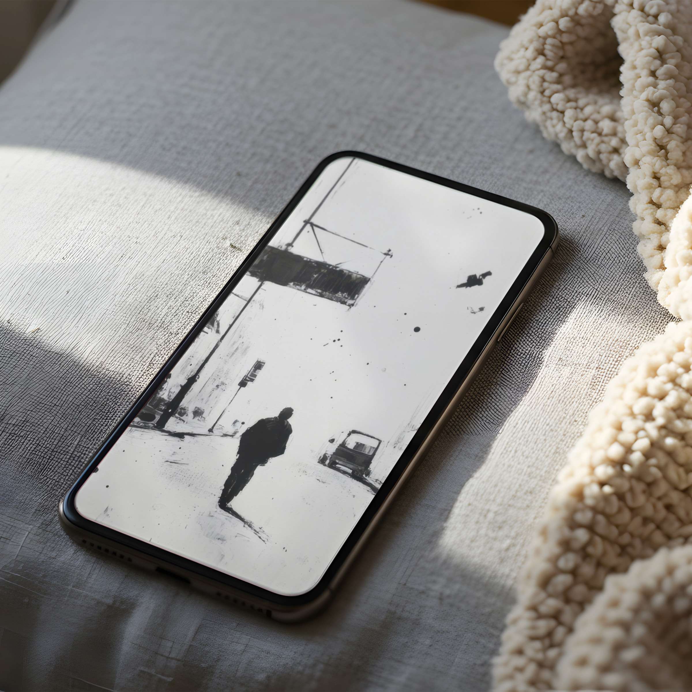 Elegant monochrome phone wallpaper featuring a solitary figure on a street, perfect for iPhone or Android, high resolution digital download