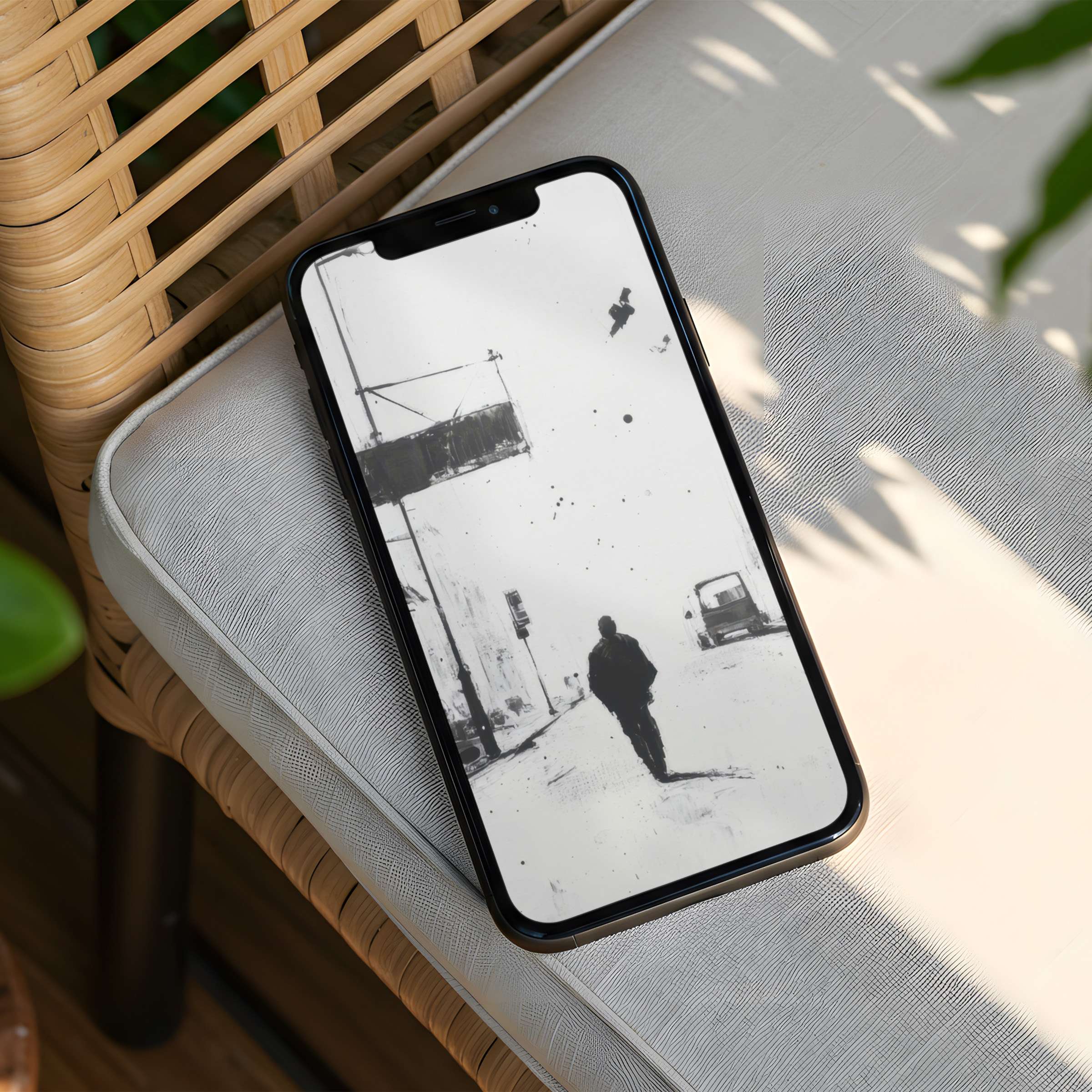 Elegant monochrome digital art iPhone background capturing a solitary figure evokes calm and mindfulness instant download for your phone