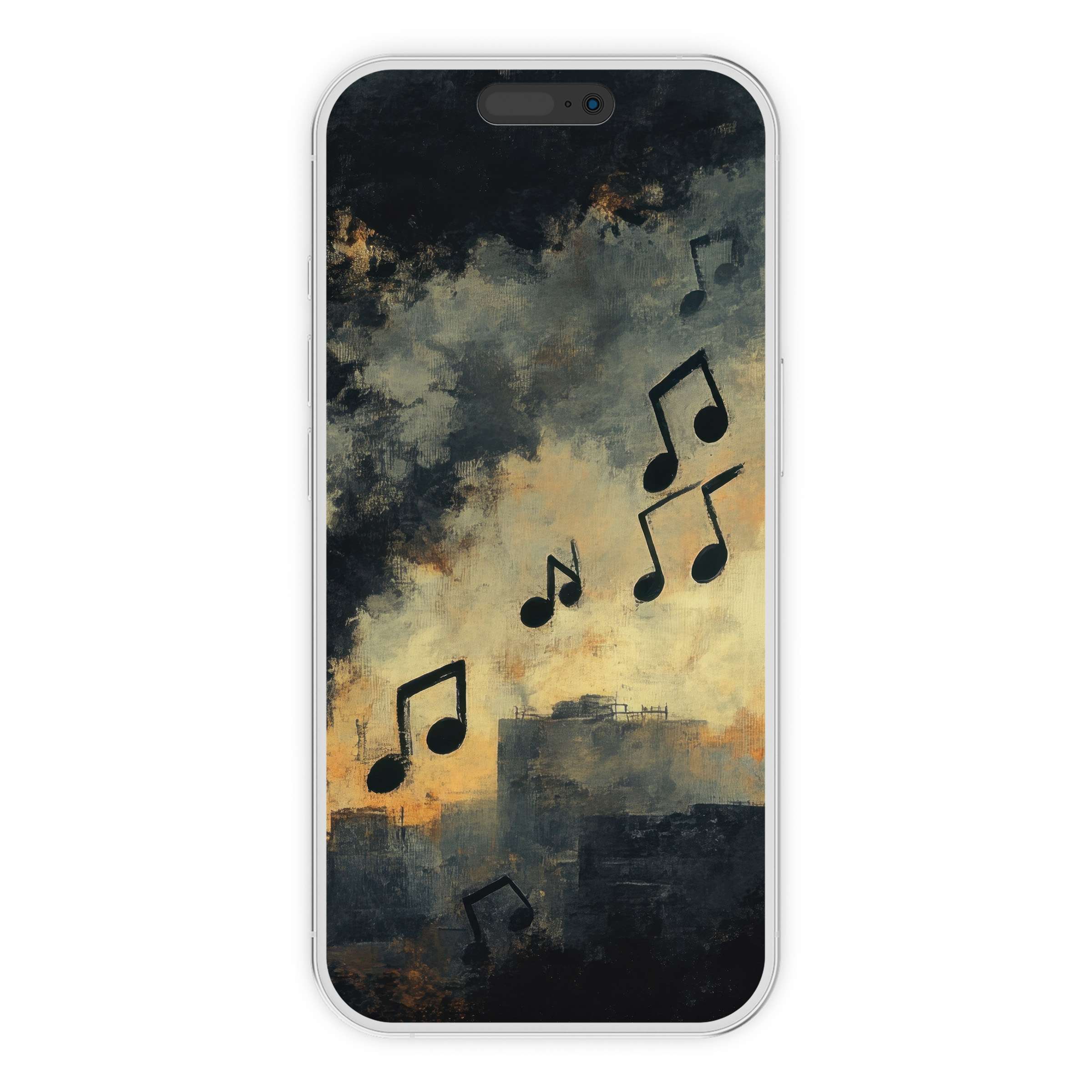 Street art iPhone wallpaper featuring musical notes over a serene cityscape, perfect digital download for phone background art lovers
