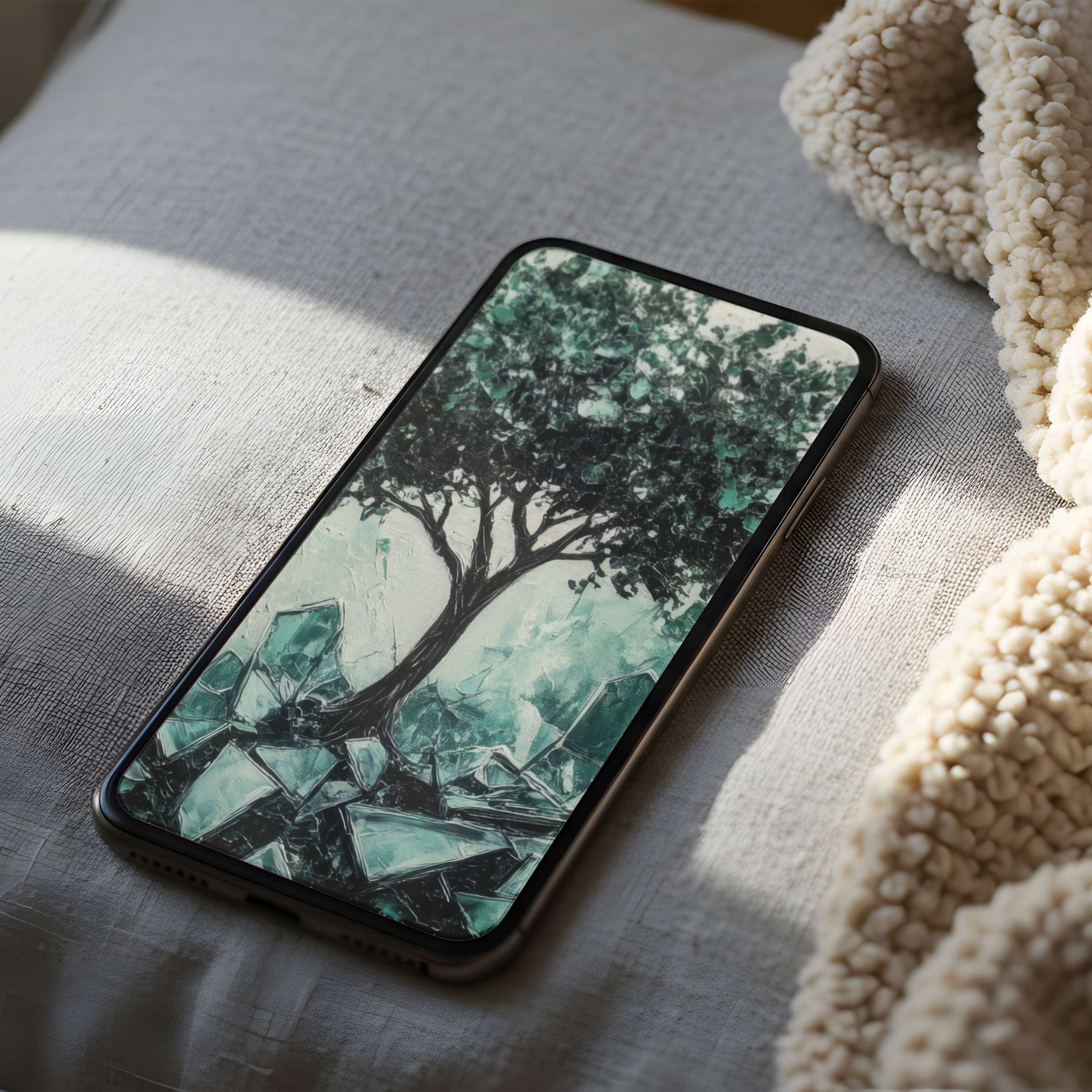 Serene tree motif phone wallpaper in high resolution exudes tranquility, ideal for iPhone and Android, perfect for digital download