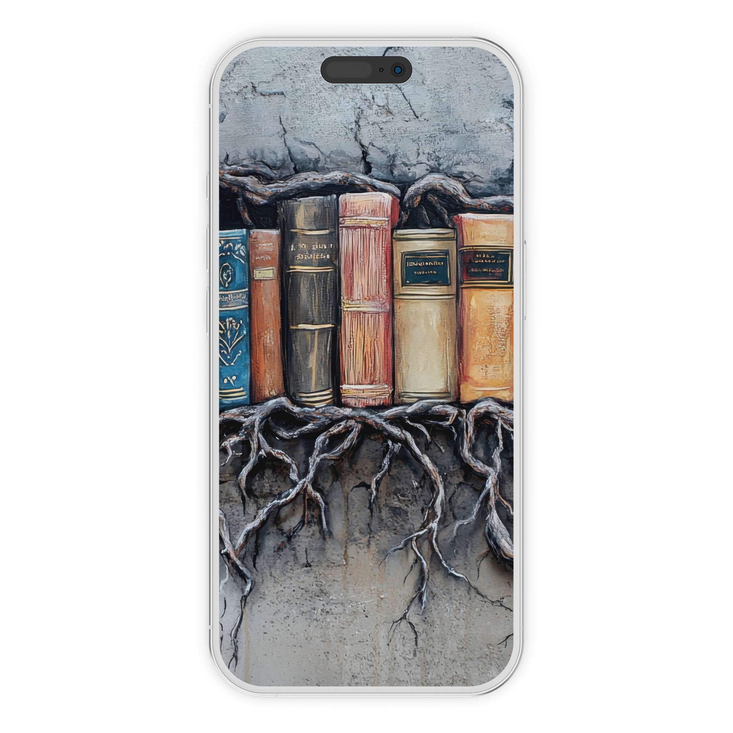 Street art iPhone wallpaper with textured books and roots on a wall, offering a serene digital download for phone background