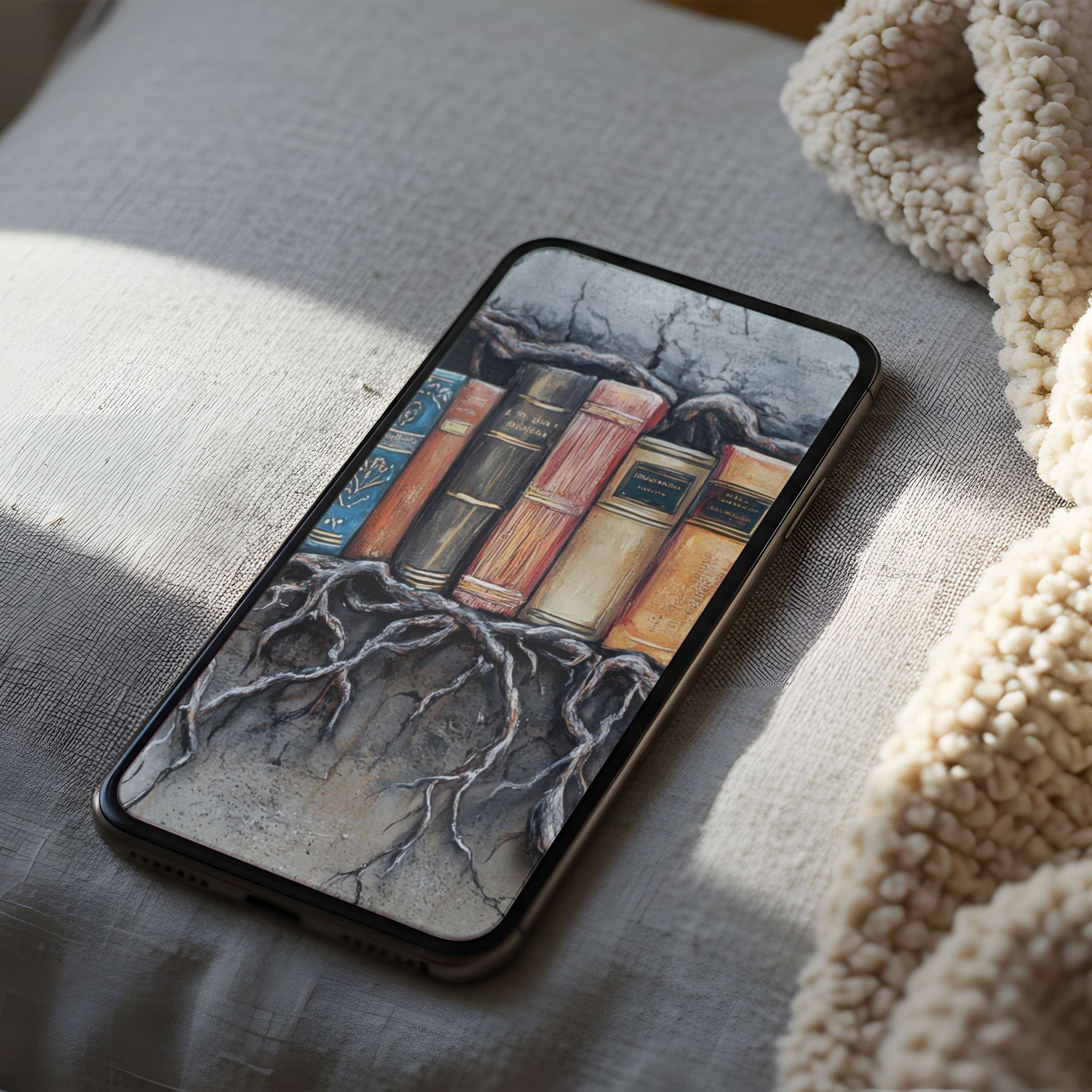 Luxurious phone wallpaper featuring vintage books entwined with tree roots, offering tranquil elegance for high resolution digital download