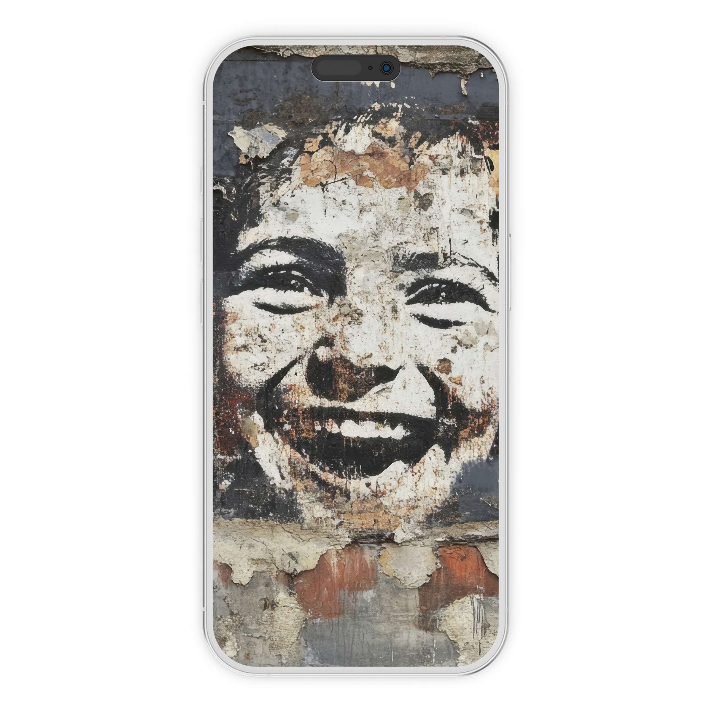 Street art iPhone wallpaper with a textured, smiling face mural; perfect phone background for a serene digital download experience