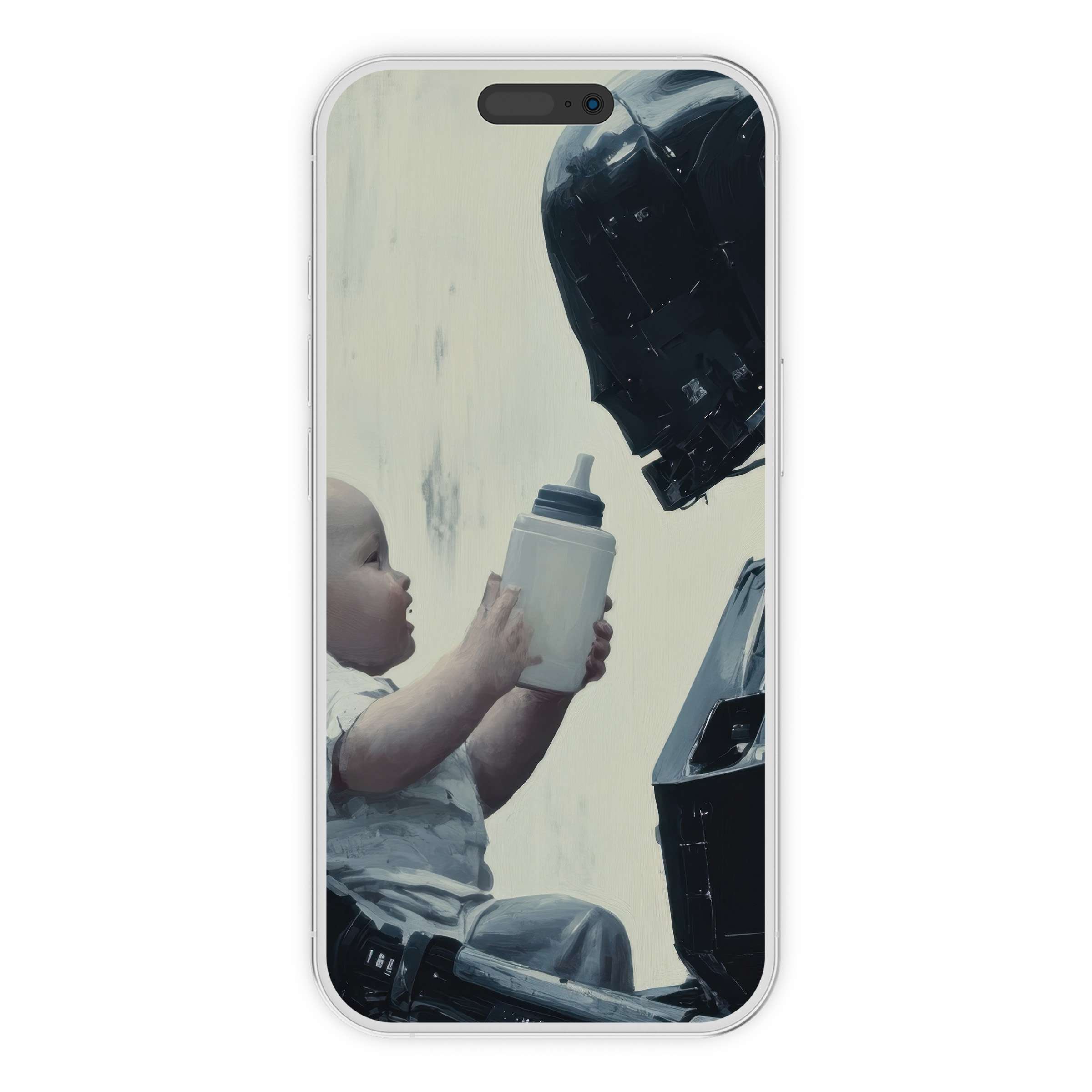 Inspiring street art iPhone wallpaper with a baby offering a bottle to a robot in a serene, textured digital download background for phones