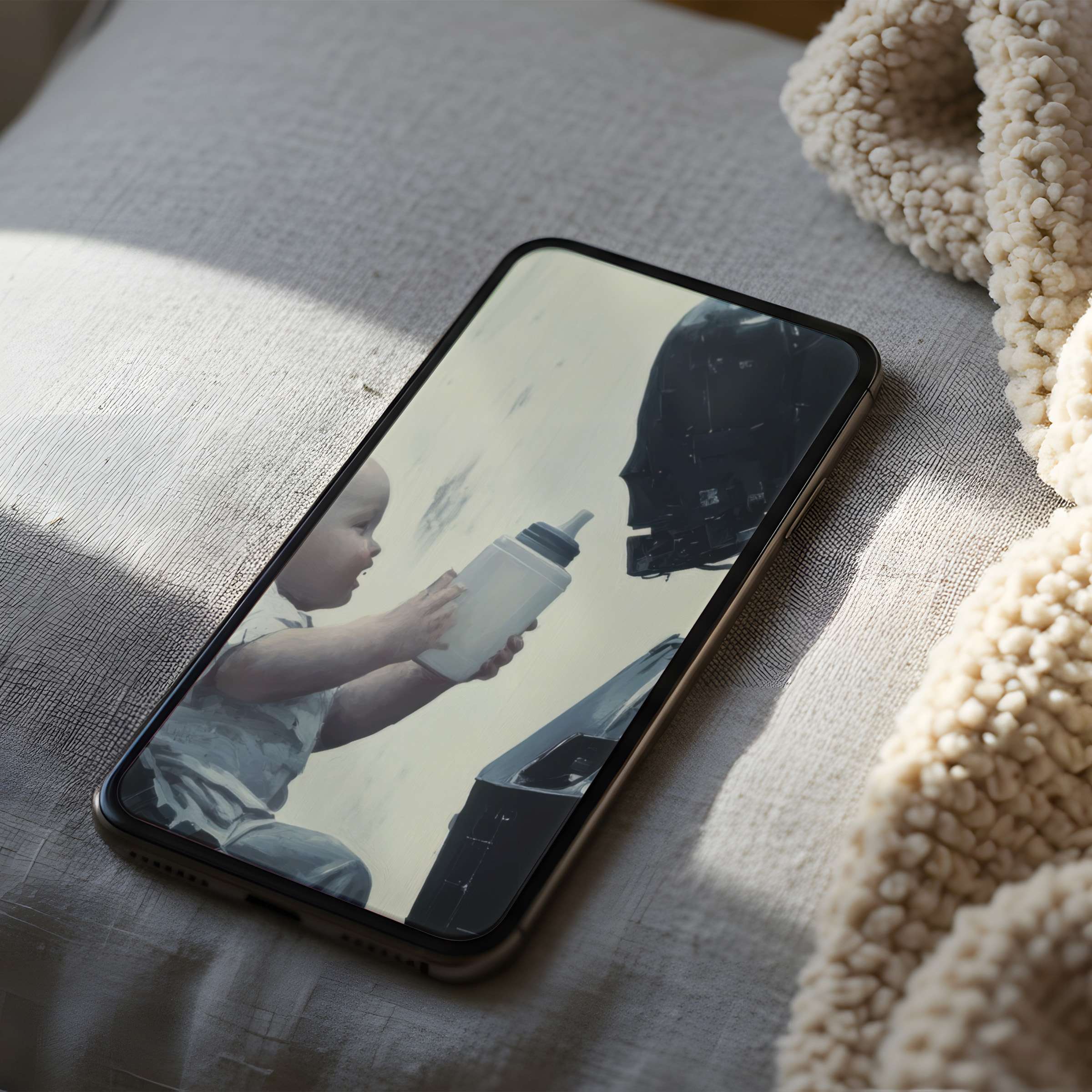 Elegant phone wallpaper featuring a high-resolution artwork of a baby with a bottle, offering calm aesthetics for iPhone and Android users
