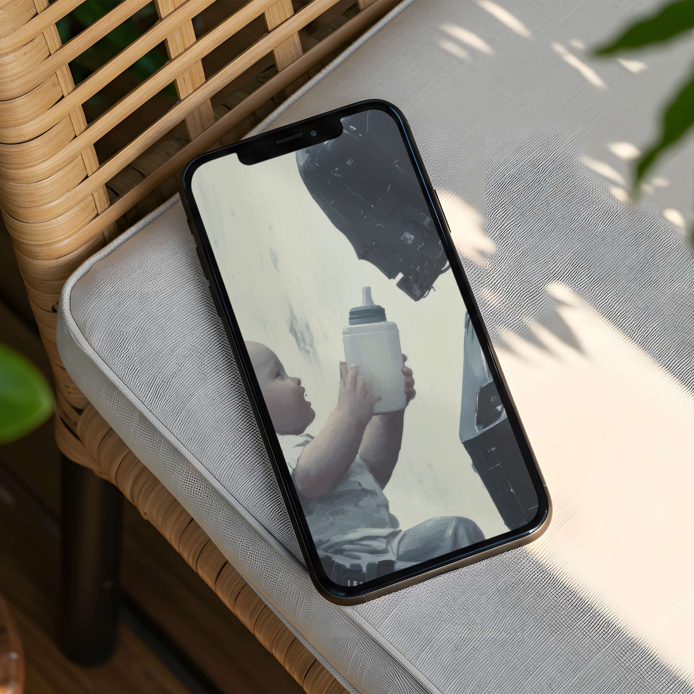 Elegant iPhone background featuring a serene digital art scene of a baby with a bottle inspiring calm and mindfulness instant download for any phone