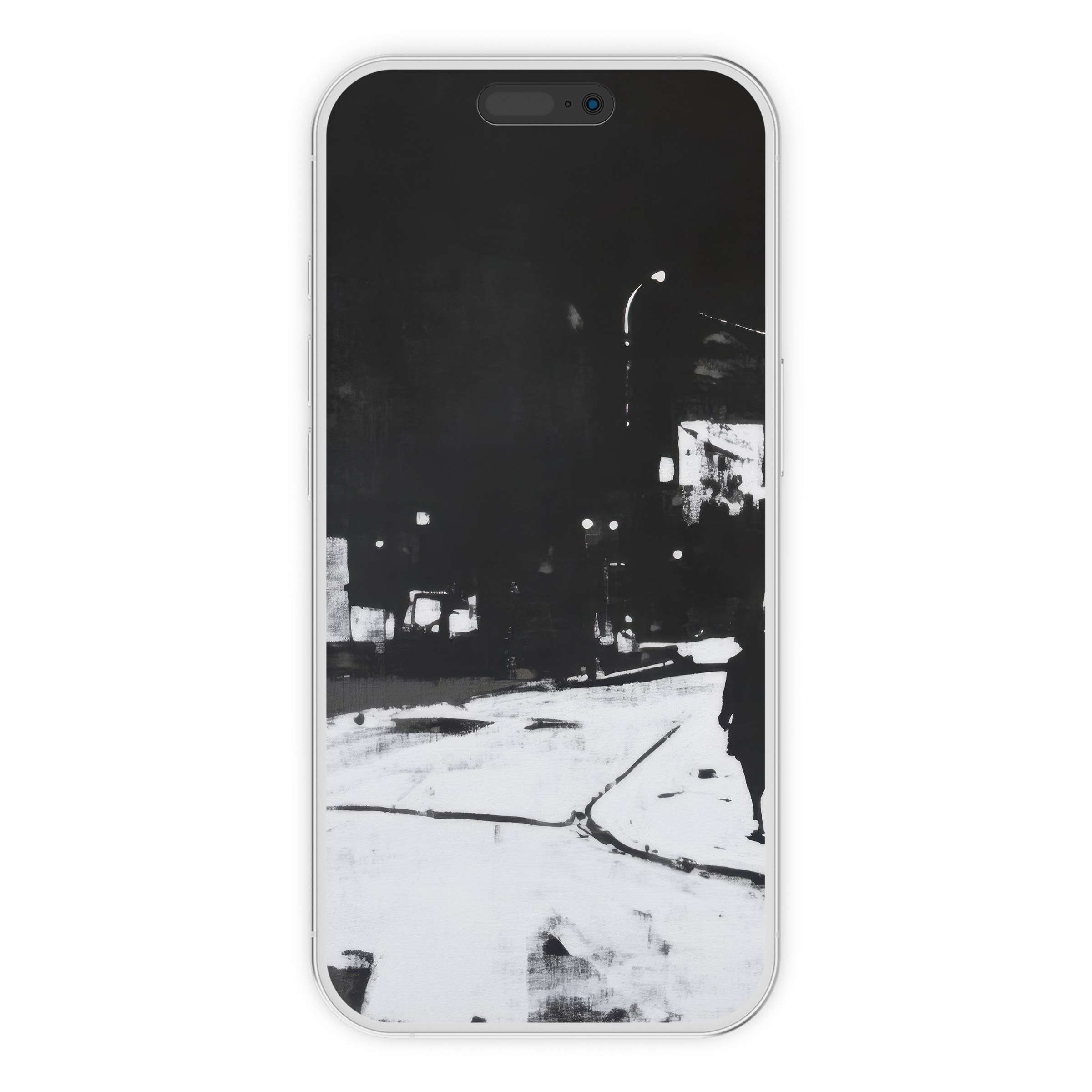 Elegant black-and-white street art iPhone wallpaper captures urban night with subtle textures for a digital download phone background