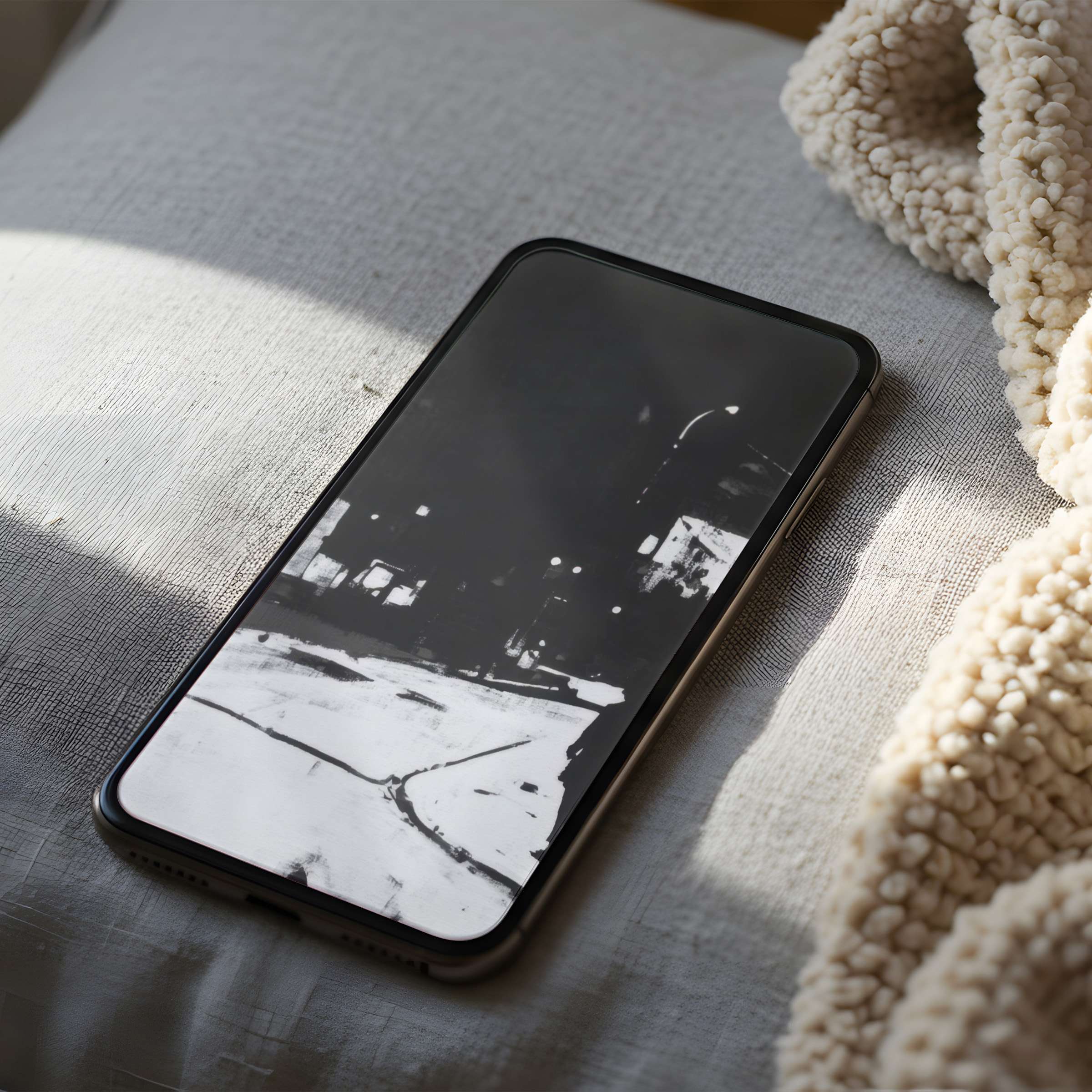 Elegant monochrome phone wallpaper on a bed evokes tranquility, perfect as a high-resolution digital download for iPhone users