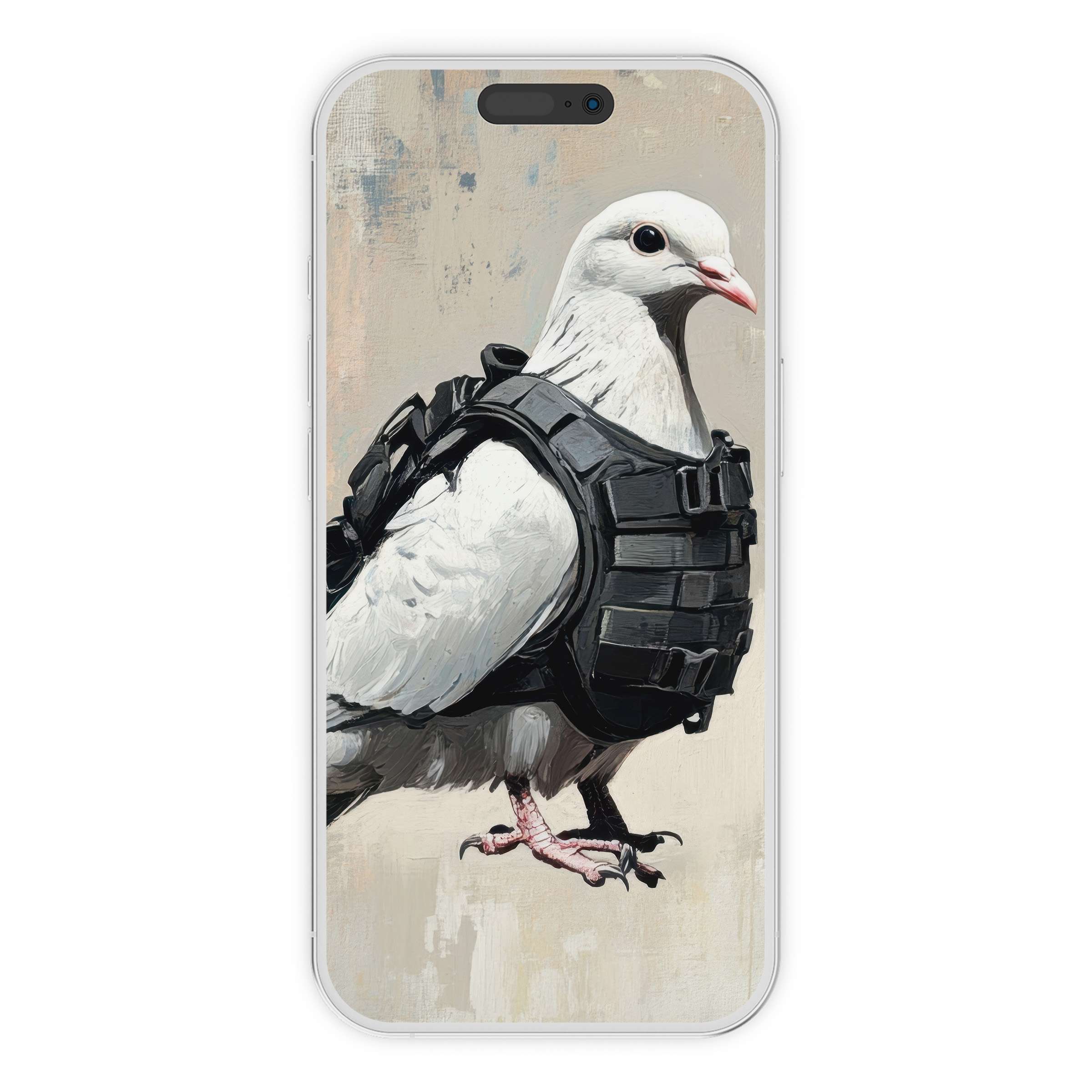 Vibrant street art iPhone wallpaper featuring a detailed dove in armor for a calming phone background digital download, eco-friendly design