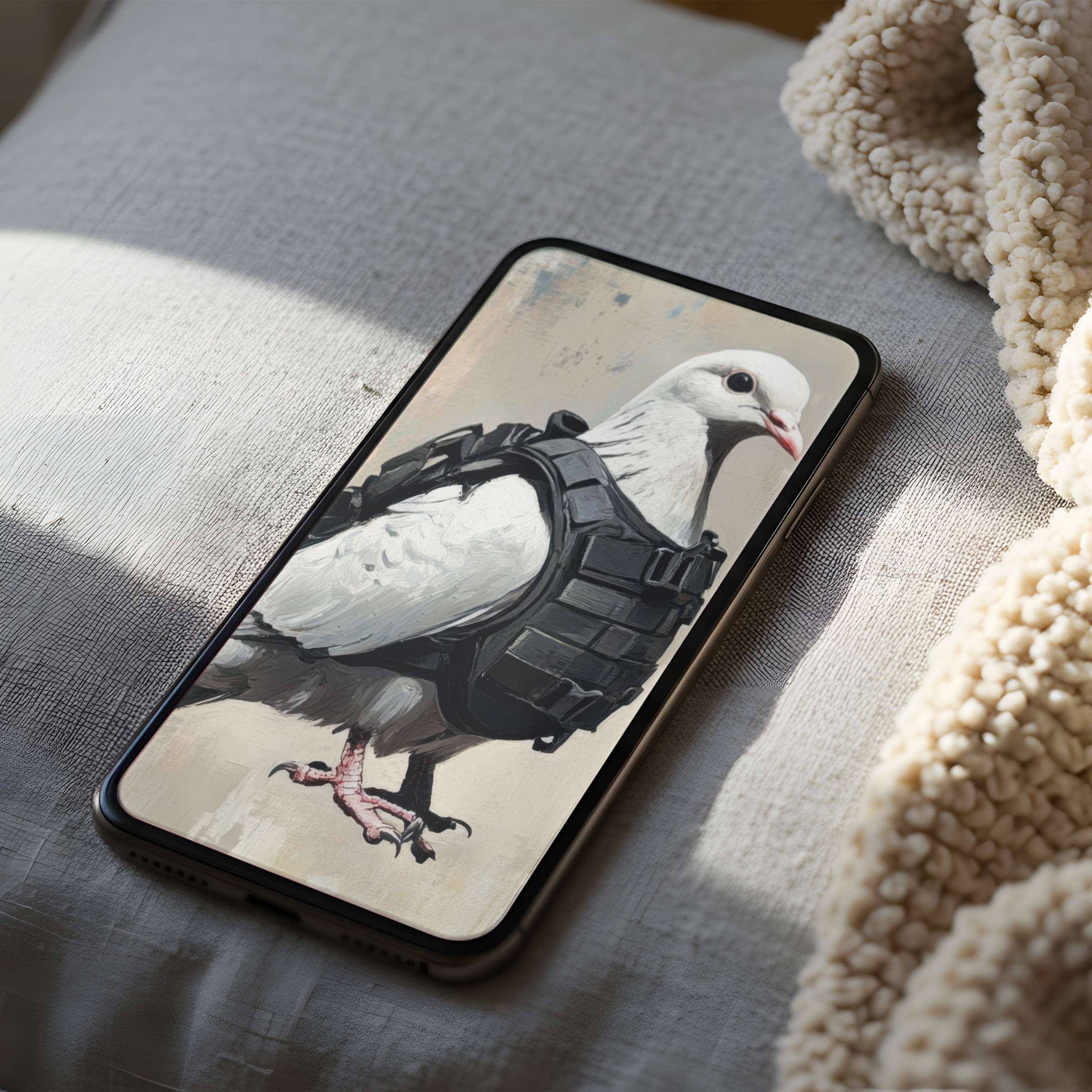 Elegant dove artwork with tactical gear phone wallpaper combines calm with strength, perfect for high resolution digital download on iPhone