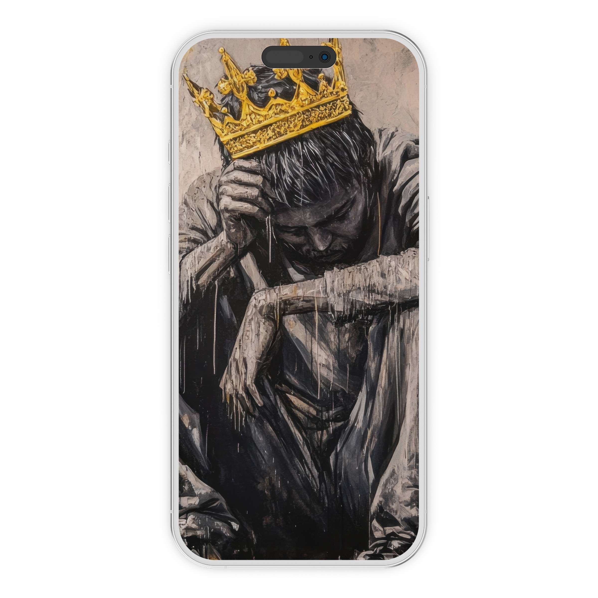 Street art iPhone wallpaper showcasing a reflective figure with a gold crown, offering a calm, elegant digital download as a phone background