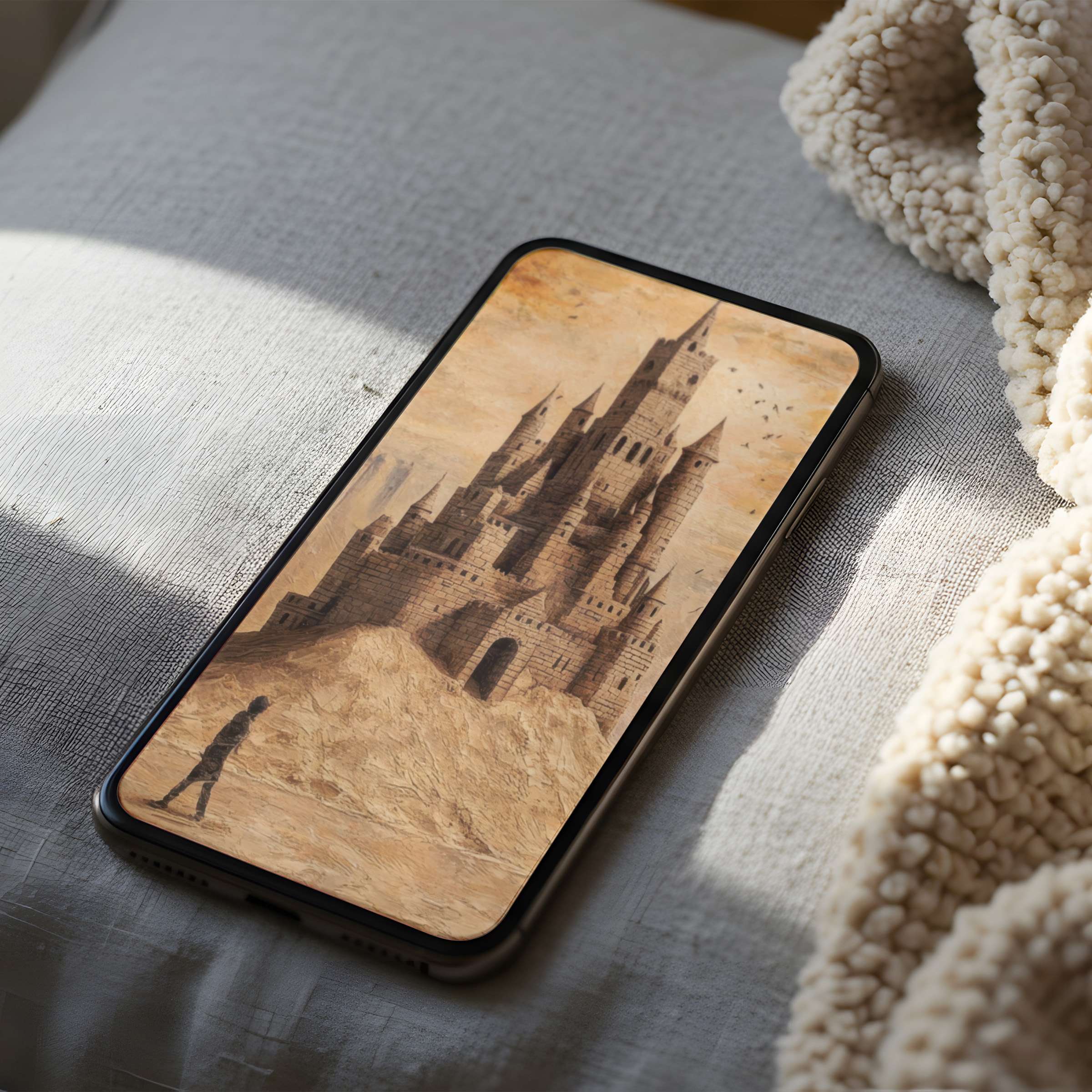 Elegant sandcastle digital art for phone wallpaper on soft fabric setting, ideal for iPhone or Android download in high resolution