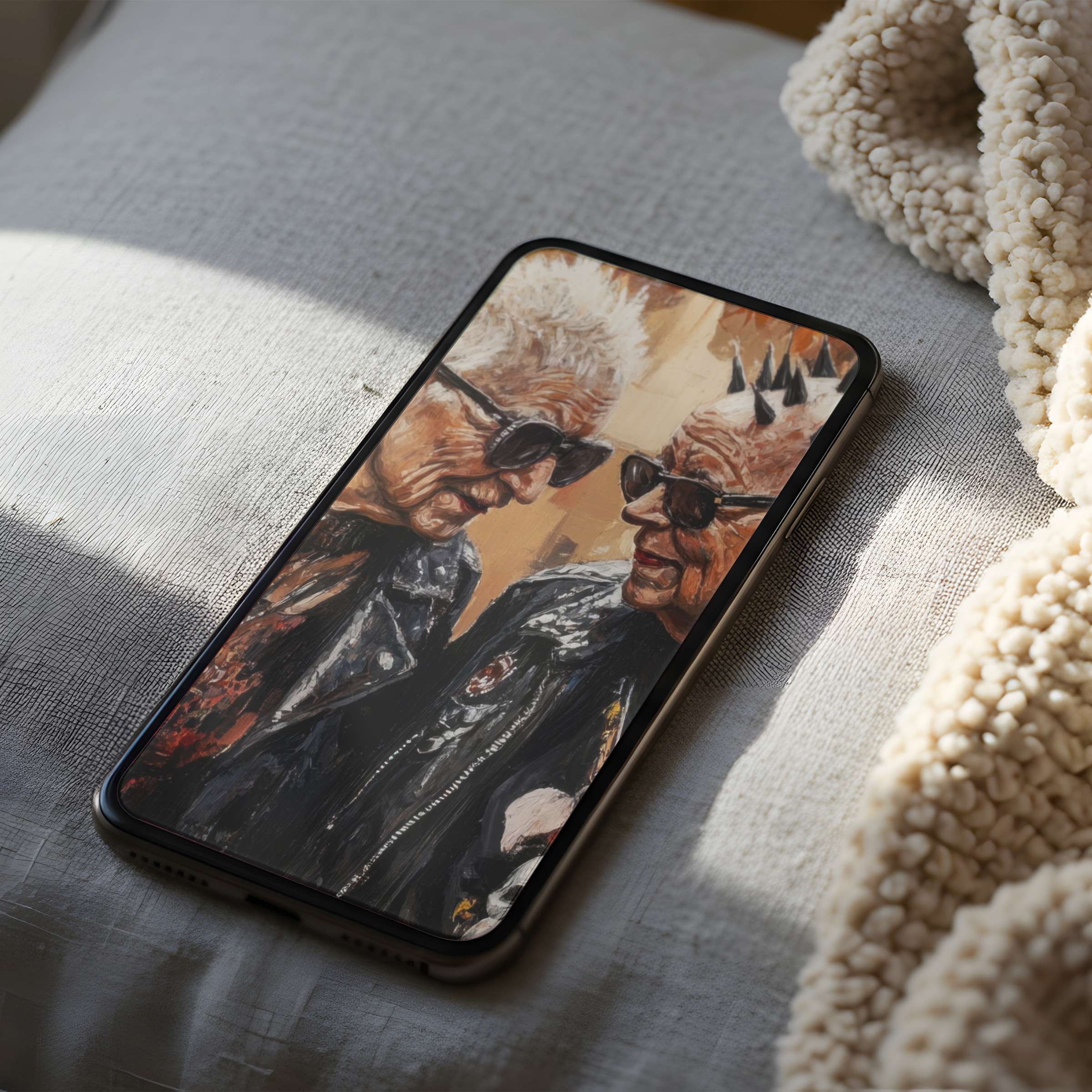 Elegant digital art phone wallpaper featuring vibrant seniors in leather jackets brings a cozy charm to high resolution iPhone screens