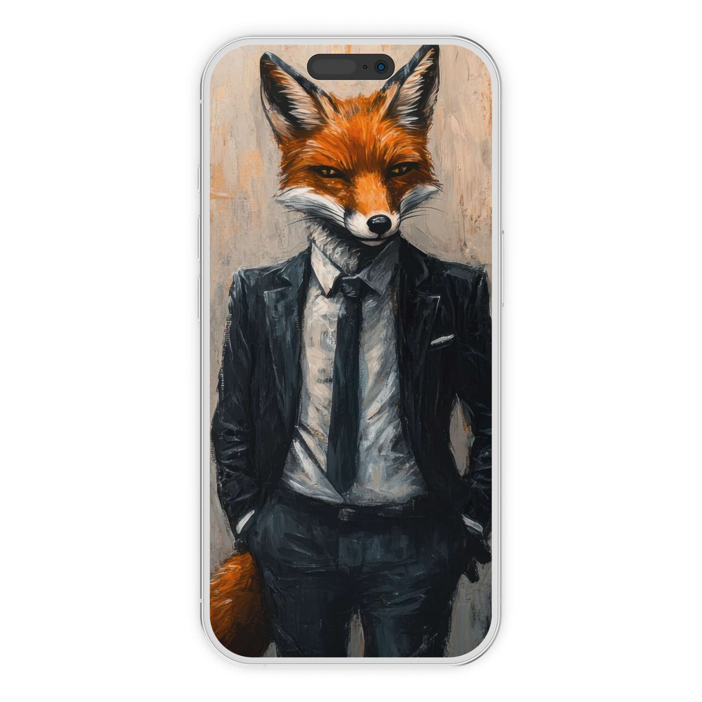 Street art iPhone wallpaper featuring a suave fox in a suit offers stylish digital download for elegant phone backgrounds