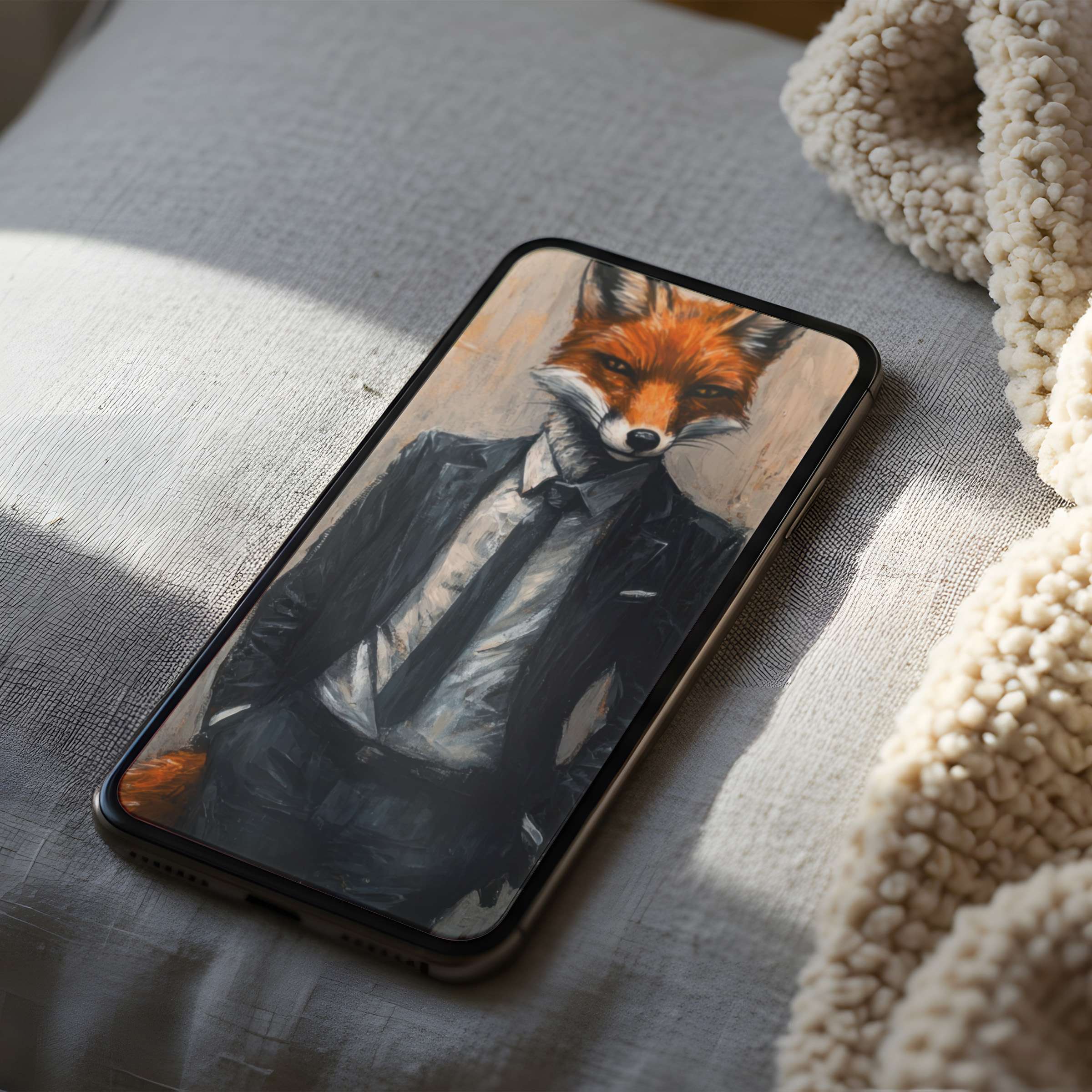 Chic fox in a suit digital art phone wallpaper offers a high resolution, inspiring choice for curated iPhone or Android screens