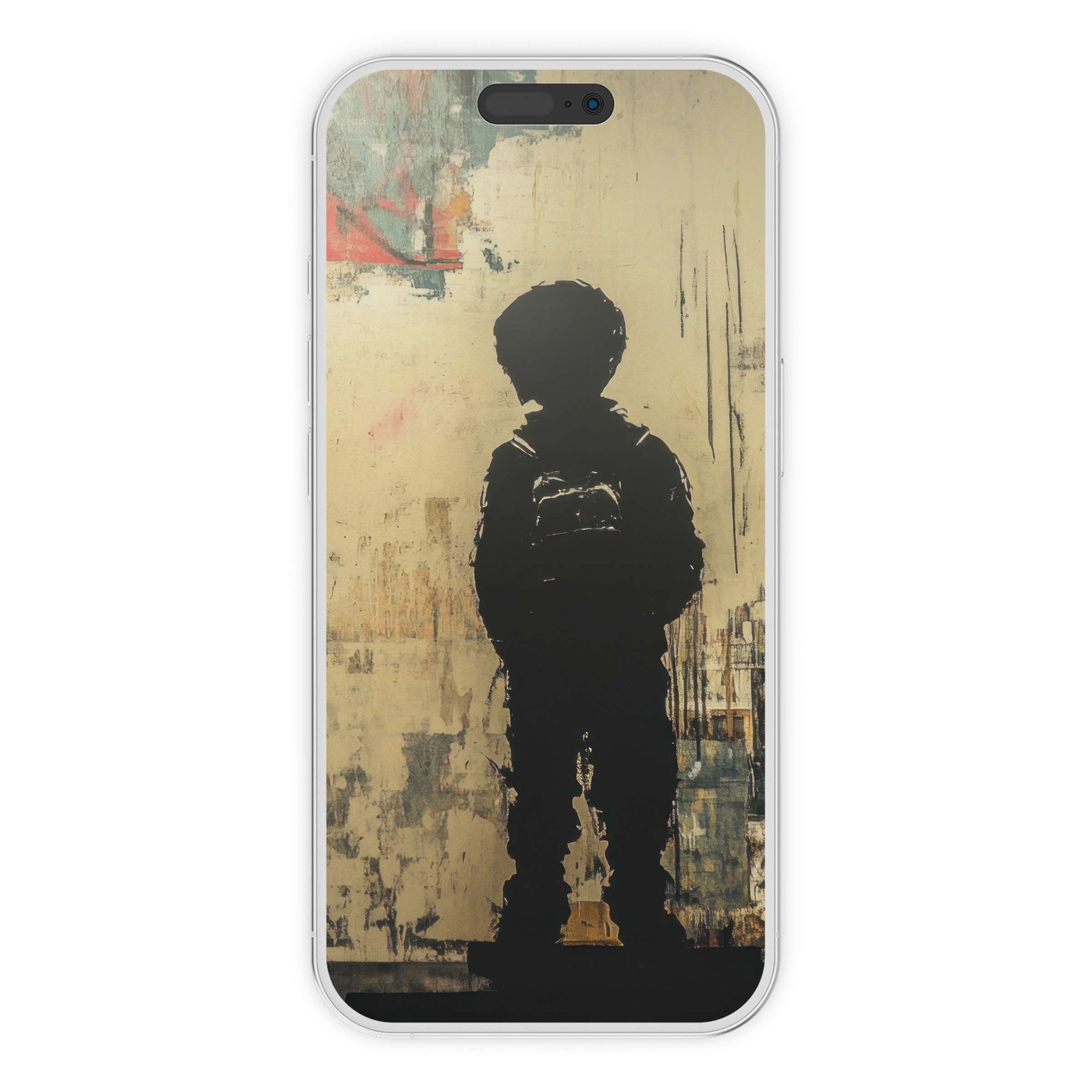 Street art iPhone wallpaper with a silhouette on a textured, vintage wall background; perfect digital download for phone screens