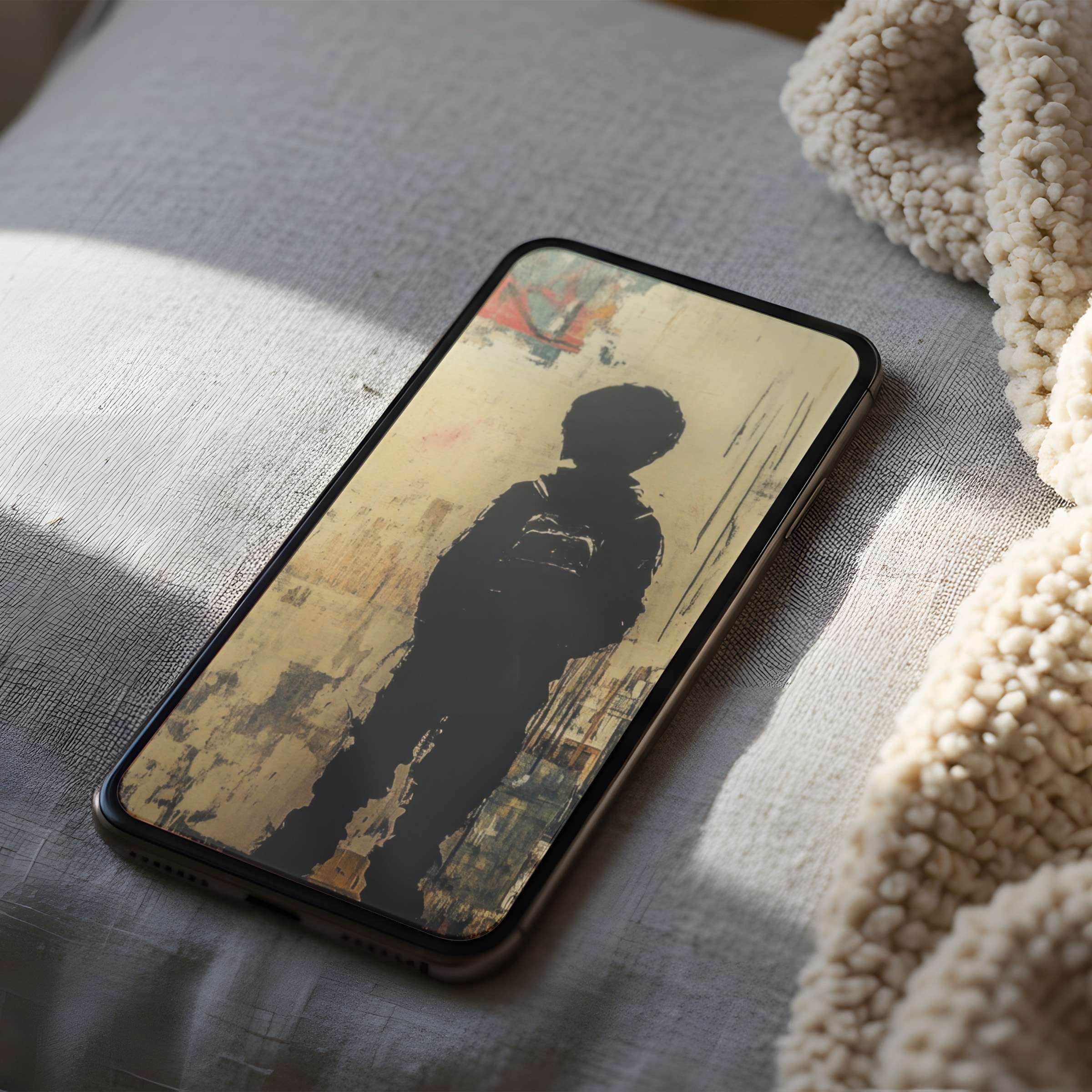 Elegant phone wallpaper featuring a silhouette of a child in warm neutral tones, perfect for iPhone high resolution digital download