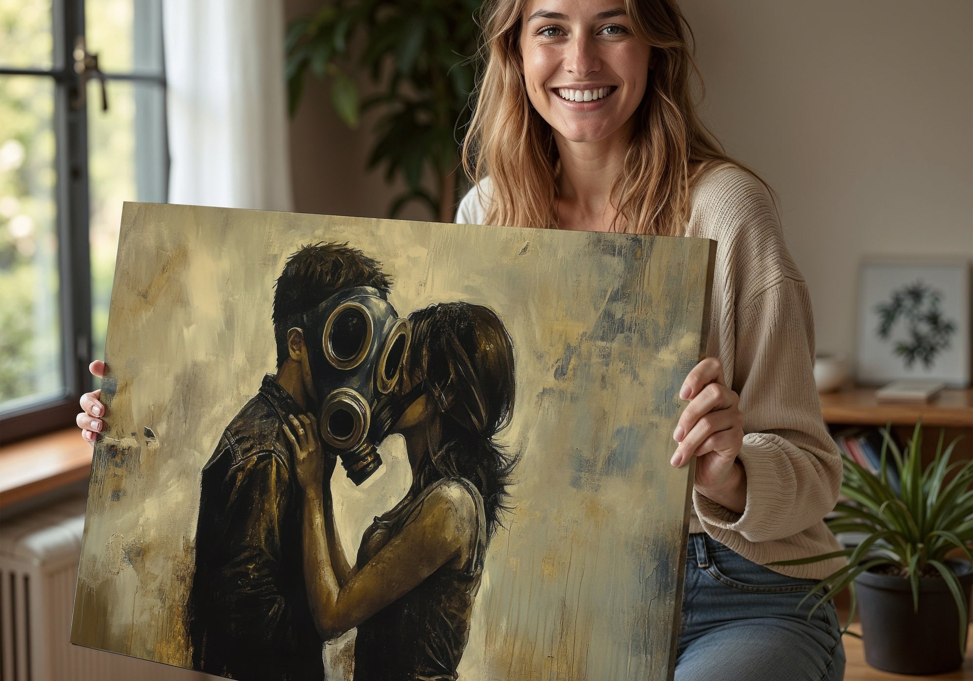 Street art printable wall art featuring a couple wearing gas masks sharing a kiss, painted in a moody urban style with textured brushstrokes and muted tones